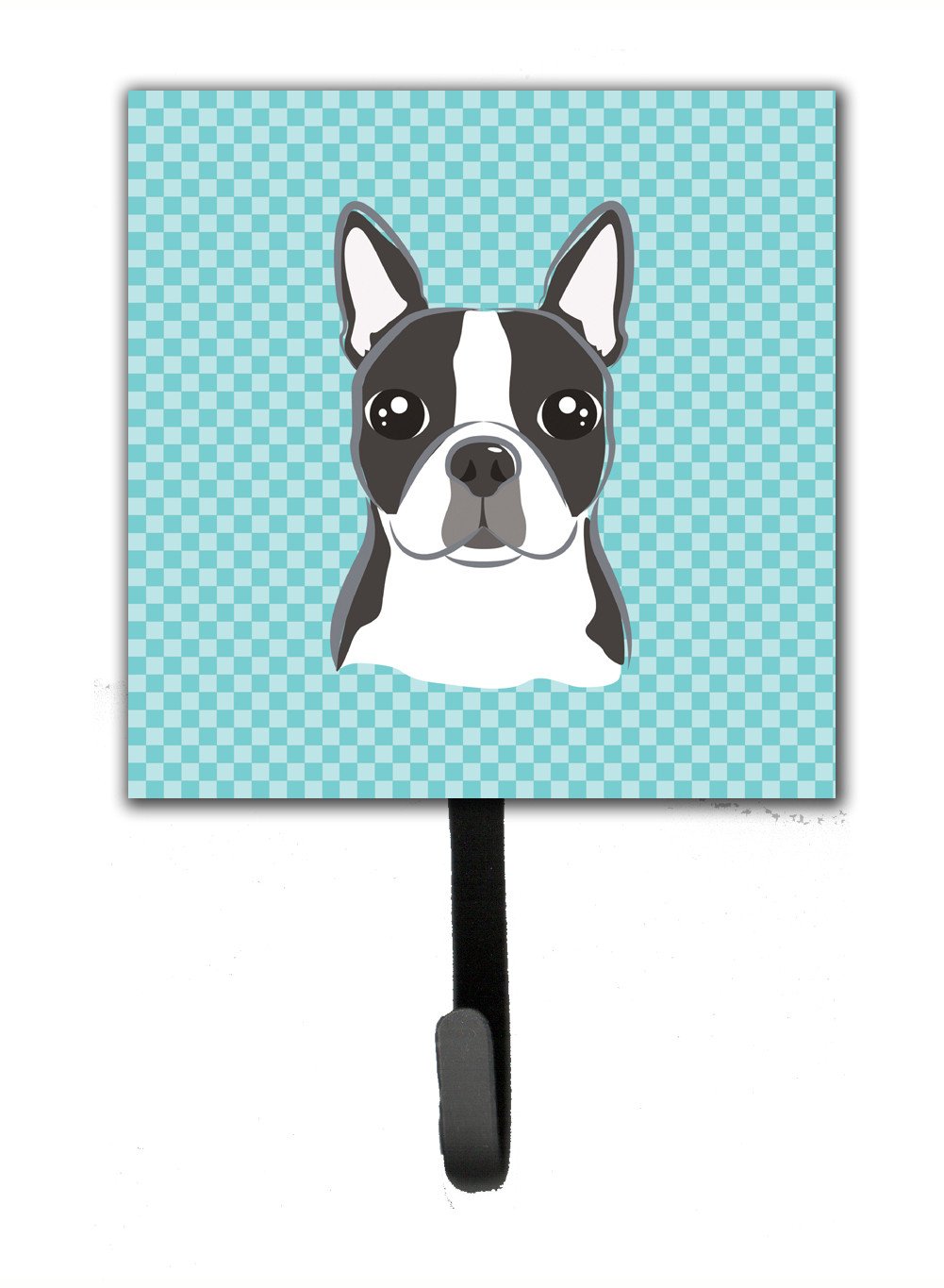 Checkerboard Blue Boston Terrier Leash or Key Holder Wall Hooks, Key Hooks Holder, Coat Rack Wall Mount, Coat Hooks, Hooks for Hanging Keys, Towels, Aprons, Leashes