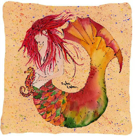 Red Headed Ginger Mermaid on Coral Decorative Throw Pillow 14x14 Indoor Outdoor Accent Cushion, Fabric Cover with Insert for Sofa, Bed, Porch & Living Room