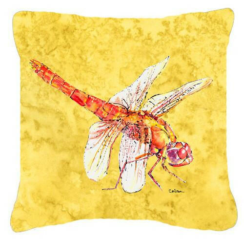 Dragonfly on Yellow Decorative Throw Pillow 14x14 Indoor Outdoor Accent Cushion, Fabric Cover with Insert for Sofa, Bed, Porch & Living Room