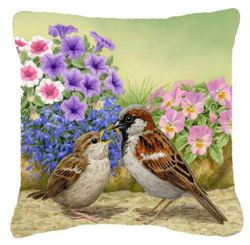 House Sparrows Feeding Time Decorative Throw Pillow 14x14 Indoor Outdoor Accent Cushion, Fabric Cover with Insert for Sofa, Bed, Porch & Living Room