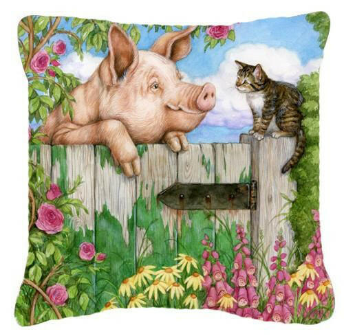 Pig at the Gate with the Cat Decorative Throw Pillow 14x14 Indoor Outdoor Accent Cushion, Fabric Cover with Insert for Sofa, Bed, Porch & Living Room