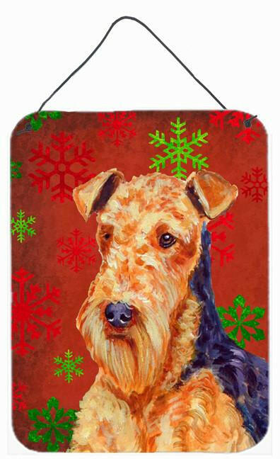 Airedale Red and Green Snowflakes Holiday Christmas Wall or Door Hanging Prints Aluminum Metal Sign Kitchen Wall Bar Bathroom Plaque Home Decor Front Door Plaque, 12x16, Multicolor
