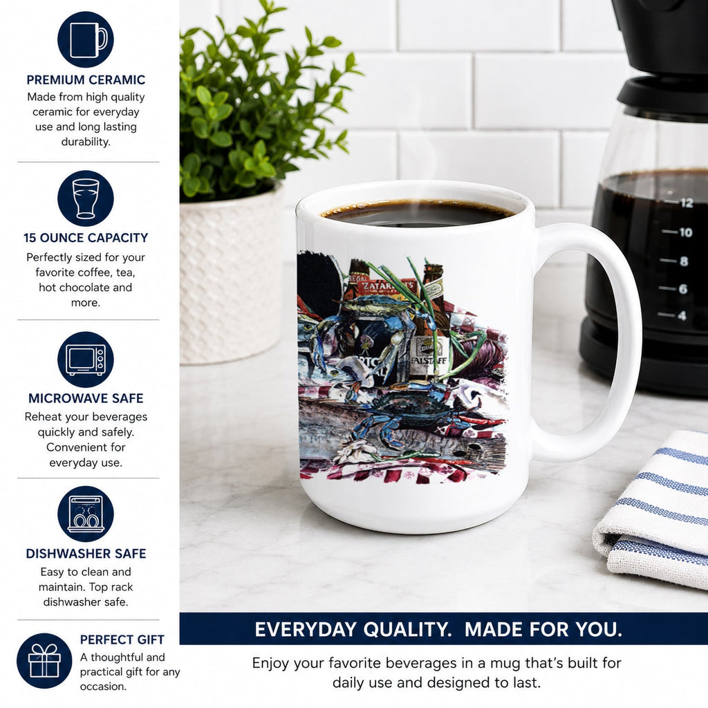 Fish and Beers from New Orleans Ceramic Coffee Mug 15 oz Decorative Large C Handle Mug Cup for Tea, Cocoa Hot Chocolate