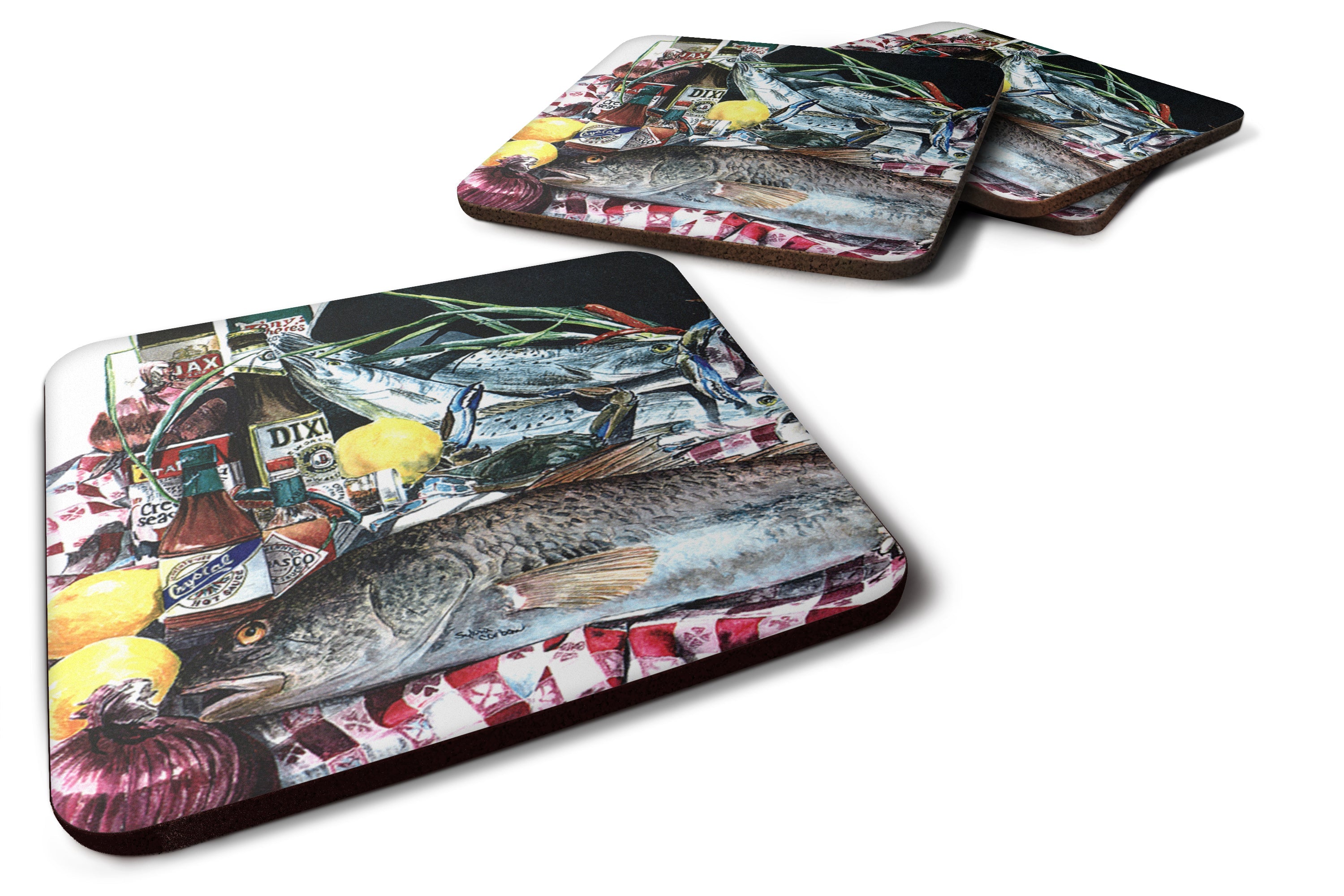 Fish and Beers from New Orleans Foam Coasters Set of 4 Cup Coasters for Indoor Outdoor, Tabletop Protection, Anti Slip, Mouse pad Material