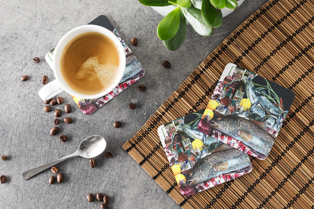 Fish and Beers from New Orleans Foam Coasters Set of 4 Cup Coasters for Indoor Outdoor, Tabletop Protection, Anti Slip, Mouse pad Material