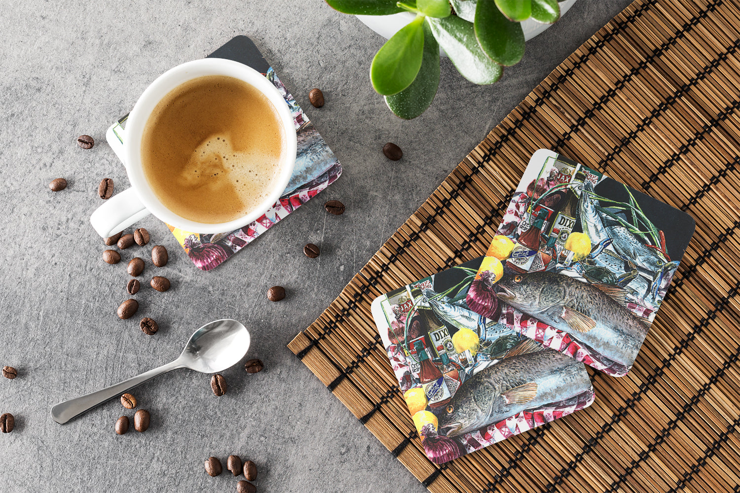 Fish and Beers from New Orleans Foam Coasters Set of 4 Cup Coasters for Indoor Outdoor, Tabletop Protection, Anti Slip, Mouse pad Material