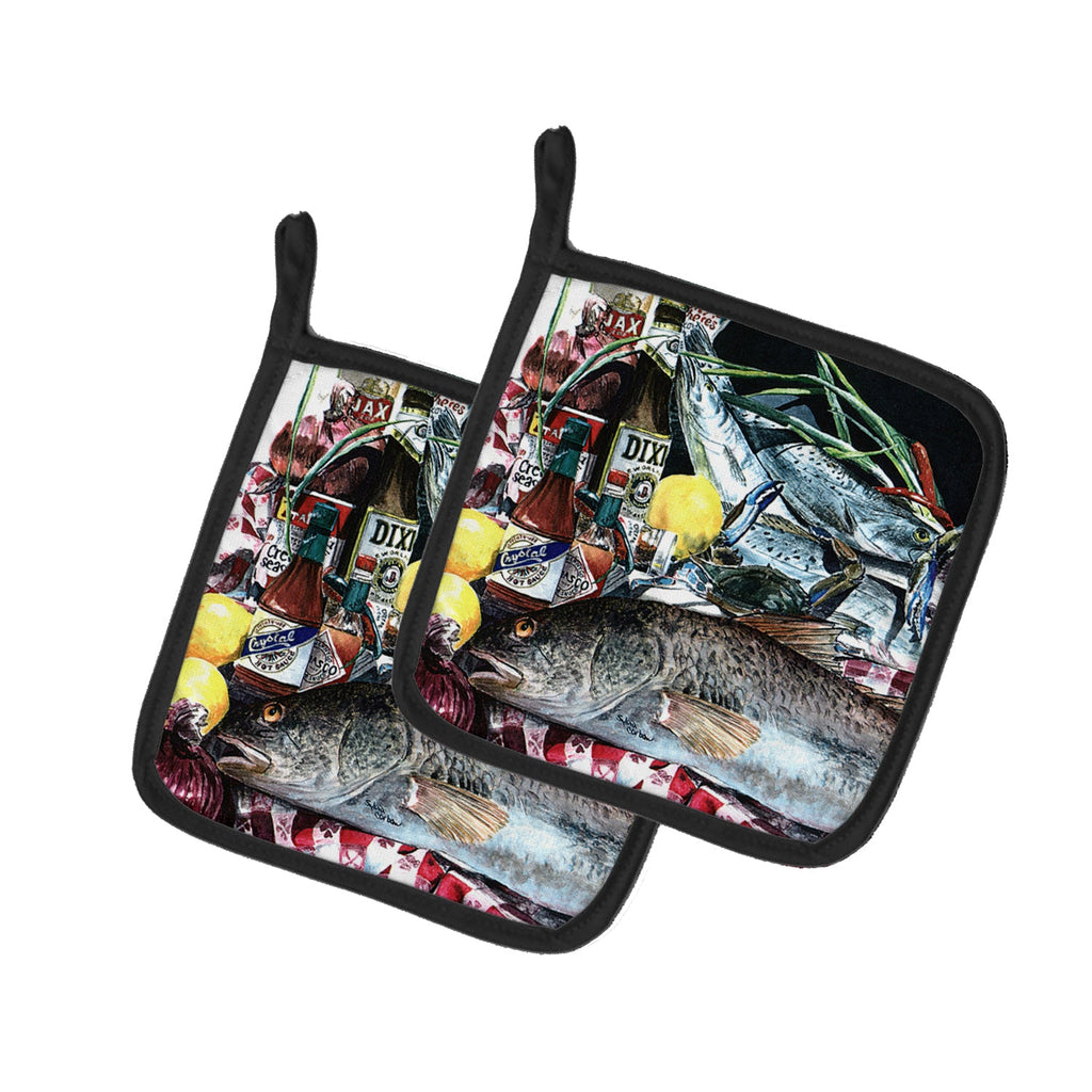 Fish and Beers from New Orleans Pot Holder Set of 2 Heat Resistant Quilted Hot Pads 7.5 x 7.5 Inch, Insulated Kitchen Trivets for Cooking & Baking