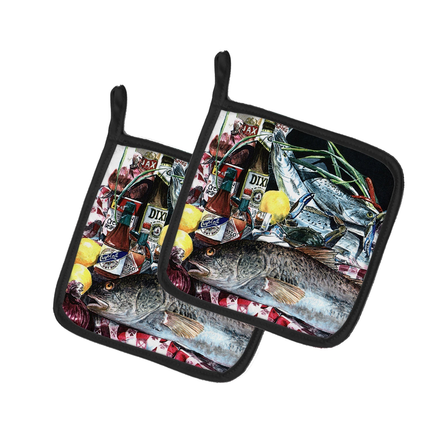 Fish and Beers from New Orleans Pot Holder Set of 2 Heat Resistant Quilted Hot Pads 7.5 x 7.5 Inch, Insulated Kitchen Trivets for Cooking & Baking