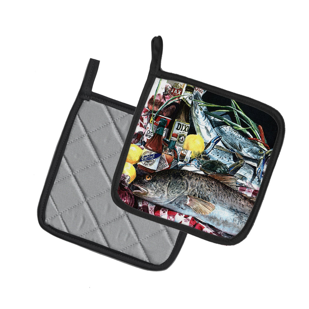 Fish and Beers from New Orleans Pot Holder Set of 2 Heat Resistant Quilted Hot Pads 7.5 x 7.5 Inch, Insulated Kitchen Trivets for Cooking & Baking