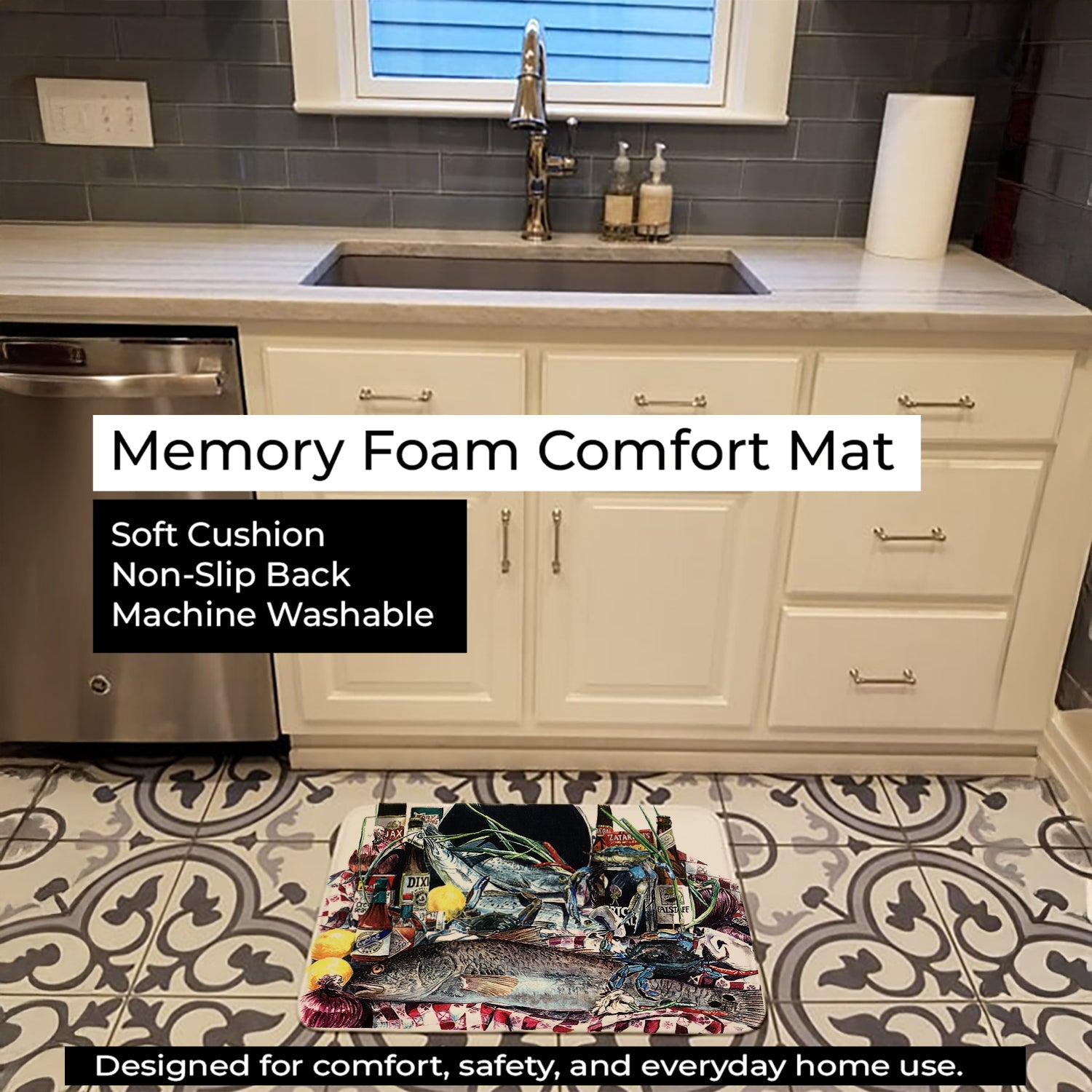 Fish and Beers from New Orleans Memory Foam Kitchen Mat Machine Washable Anti-Fatigue Cushion Comfort Bath or Kitchen Rug