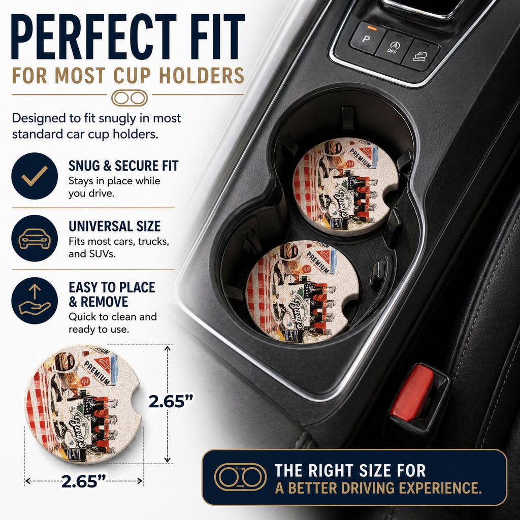 Barq's oysters Set of 2 Cup Holder Car Coasters Absorbent Round Sandstone Coasters Gifts for Men or Women, 2.5, Multicolor