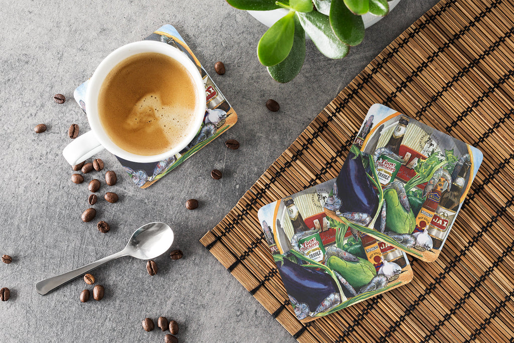 Eggplant and New Orleans Beers  Foam Coasters Set of 4 Cup Coasters for Indoor Outdoor, Tabletop Protection, Anti Slip, Mouse pad Material