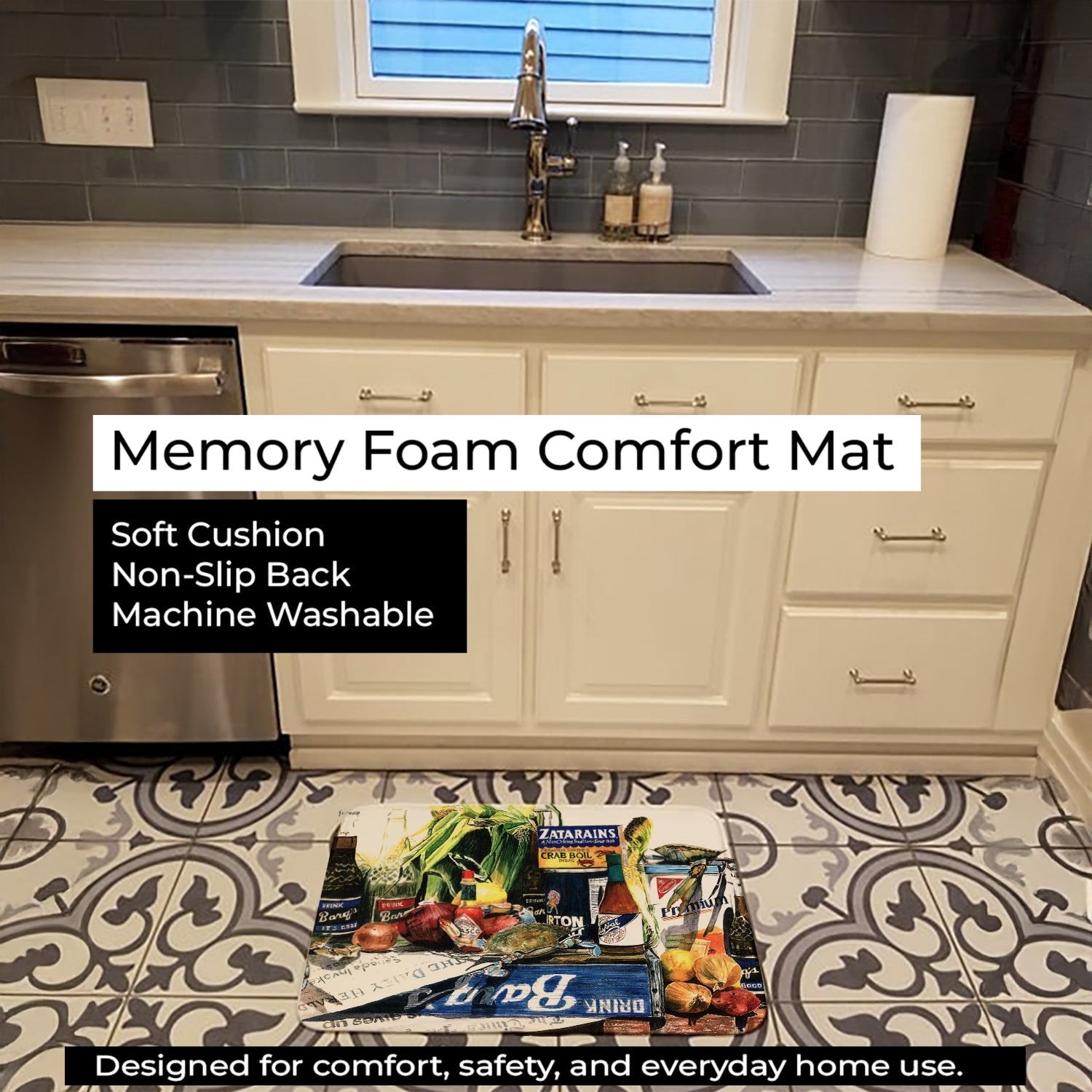 Crab in the Middle Memory Foam Kitchen Mat Machine Washable Anti-Fatigue Cushion Comfort Bath or Kitchen Rug
