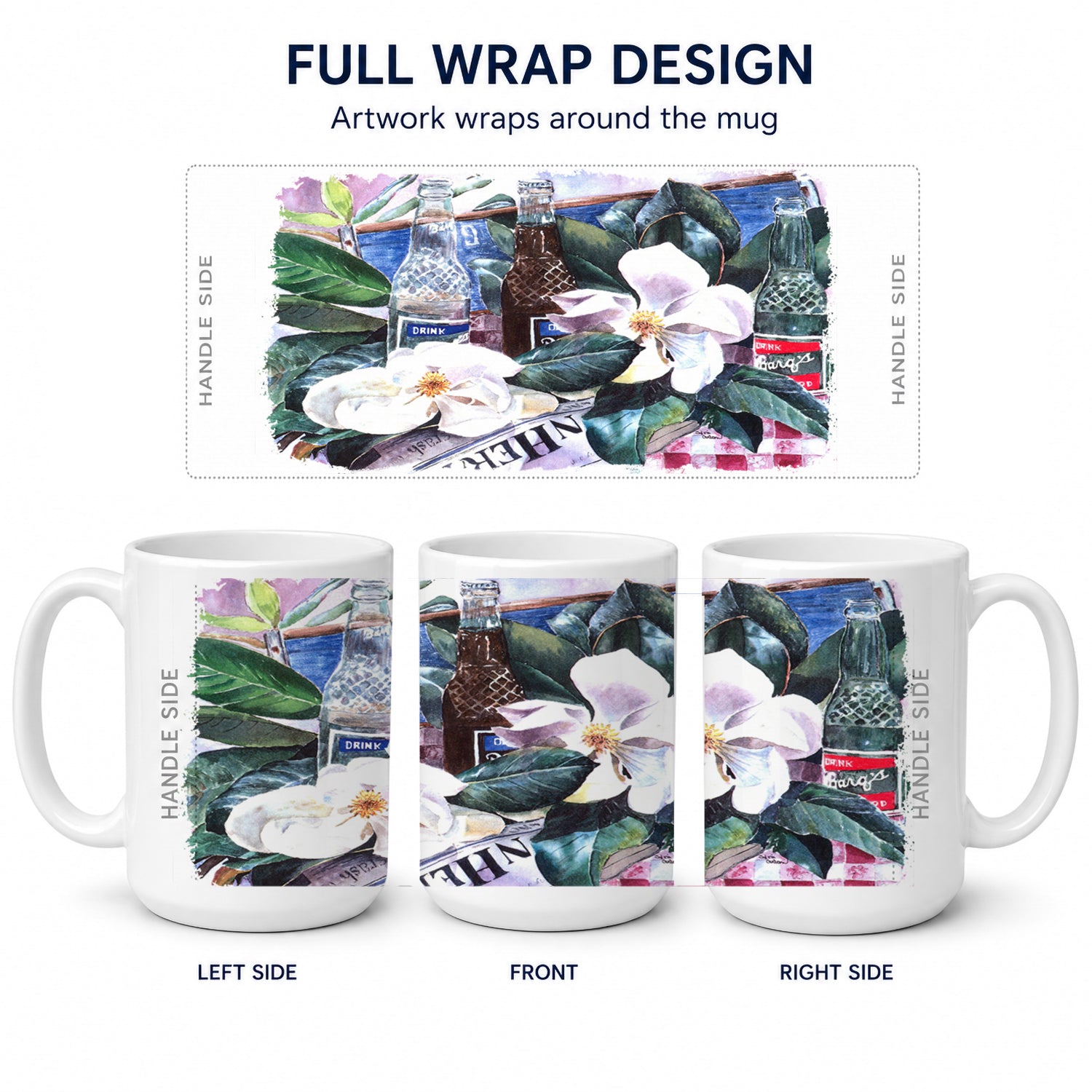 Barq's and Magnolia Ceramic Coffee Mug 15 oz Decorative Large C Handle Mug Cup for Tea, Cocoa Hot Chocolate