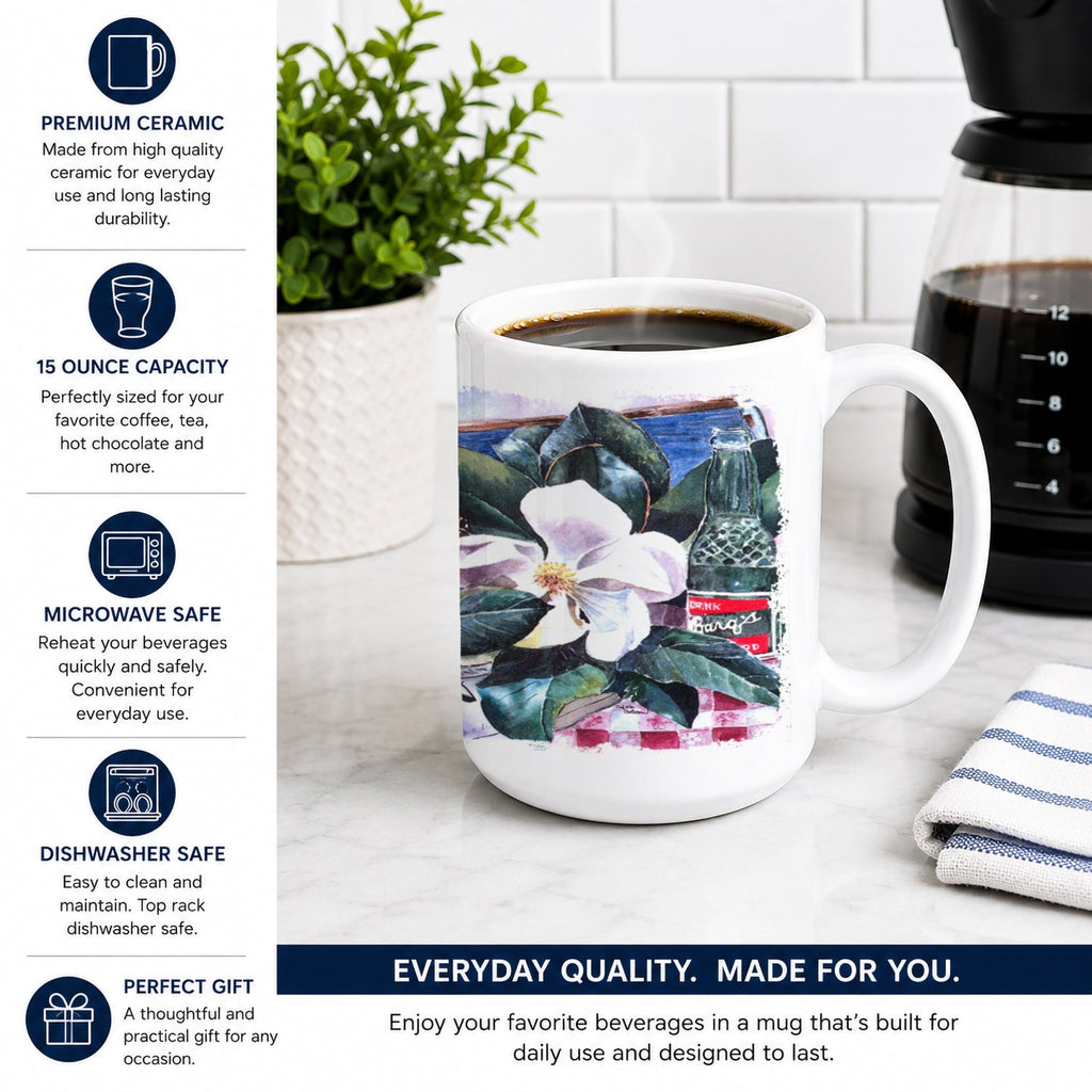 Barq's and Magnolia Ceramic Coffee Mug 15 oz Decorative Large C Handle Mug Cup for Tea, Cocoa Hot Chocolate