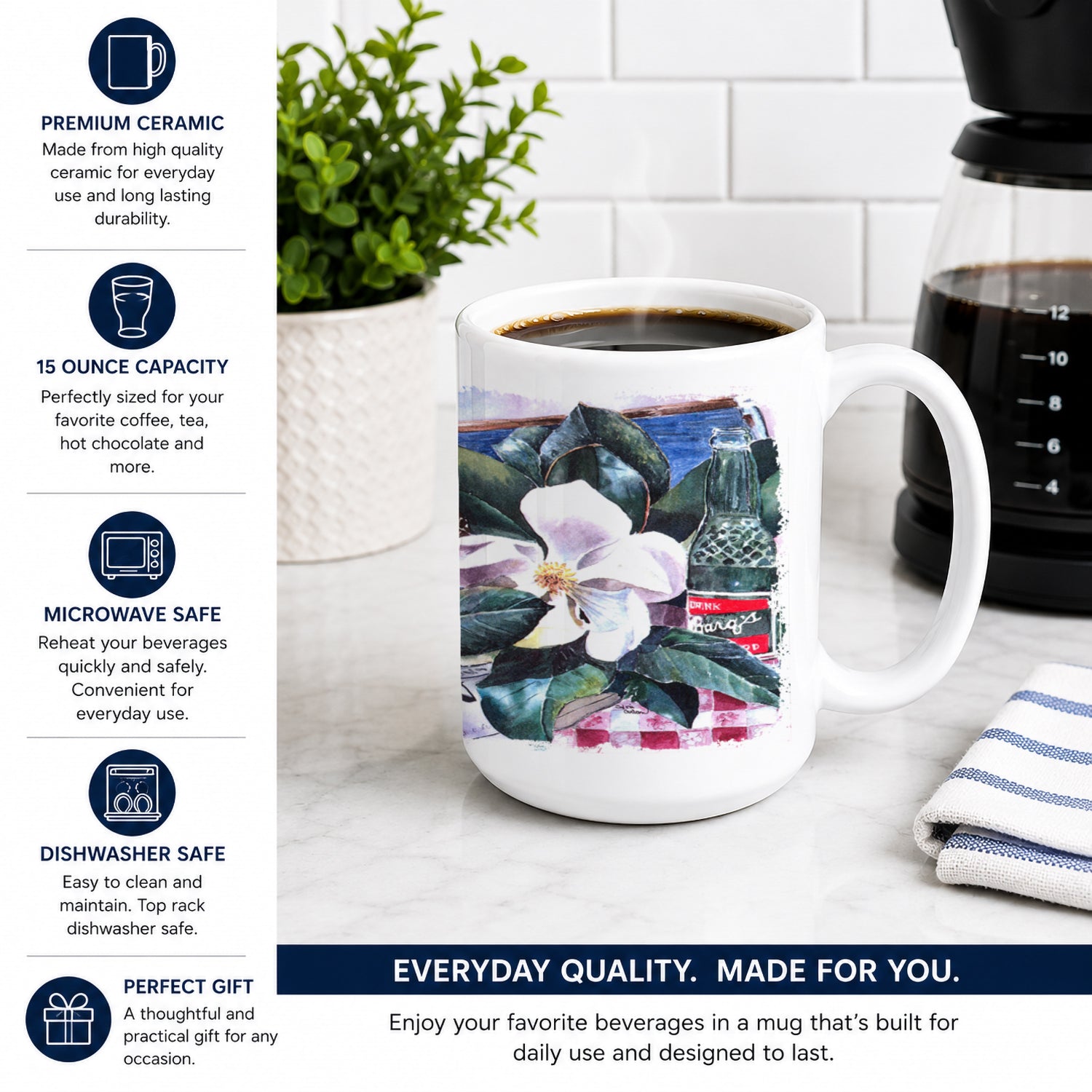 Barq's and Magnolia Ceramic Coffee Mug 15 oz Decorative Large C Handle Mug Cup for Tea, Cocoa Hot Chocolate