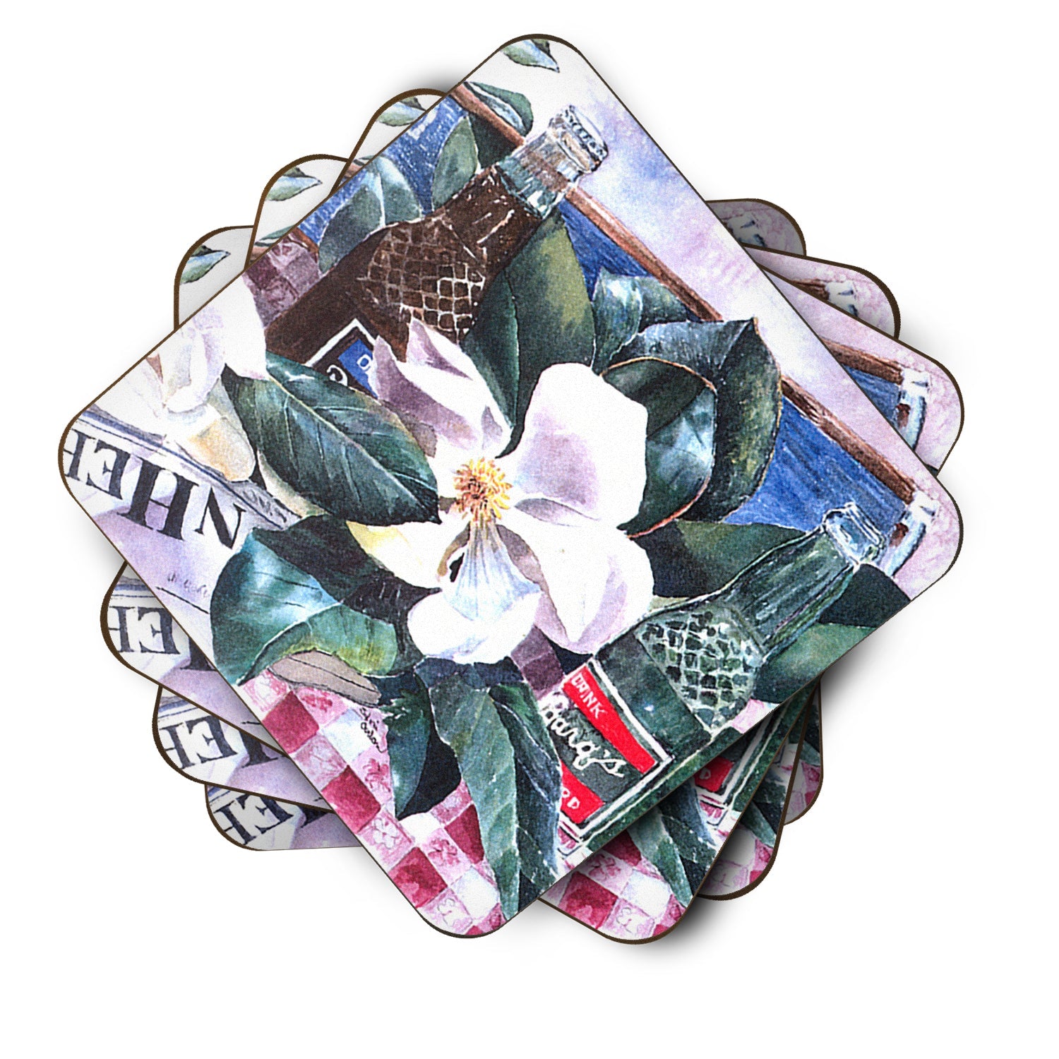 Barq's and Magnolia Foam Coasters Set of 4 Cup Coasters for Indoor Outdoor, Tabletop Protection, Anti Slip, Mouse pad Material