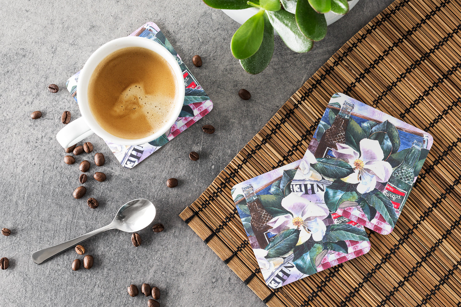 Barq's and Magnolia Foam Coasters Set of 4 Cup Coasters for Indoor Outdoor, Tabletop Protection, Anti Slip, Mouse pad Material