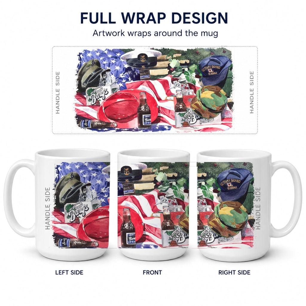 Barq's and Armed Forces Ceramic Coffee Mug 15 oz Decorative Large C Handle Mug Cup for Tea, Cocoa Hot Chocolate