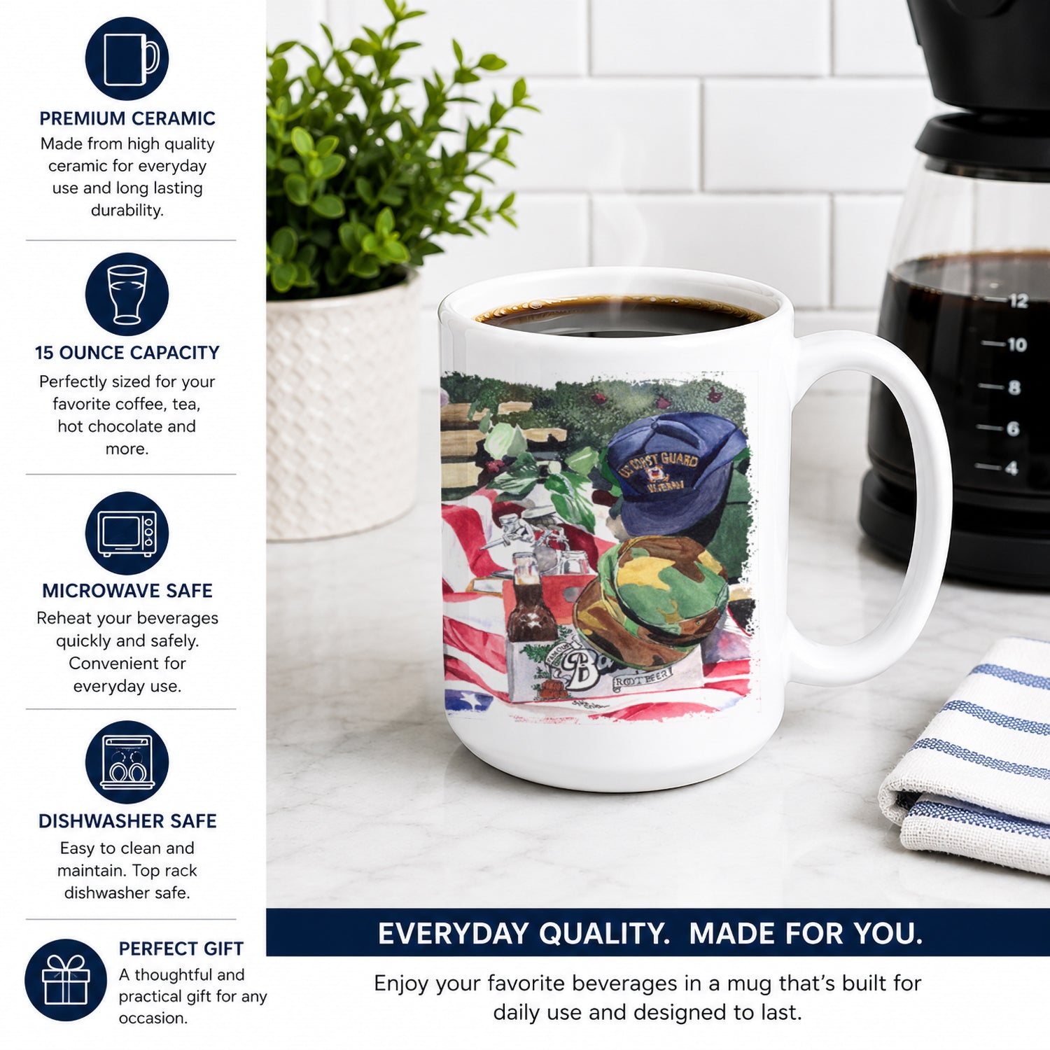 Barq's and Armed Forces Ceramic Coffee Mug 15 oz Decorative Large C Handle Mug Cup for Tea, Cocoa Hot Chocolate