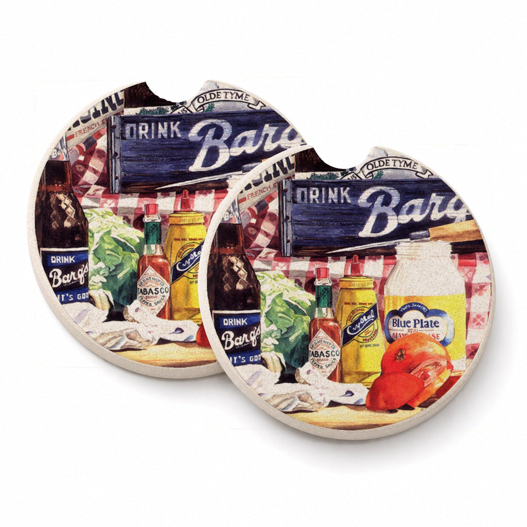 Blue Plate Mayonaise, Barq's and a tomato sandwich Set of 2 Cup Holder Car Coasters Absorbent Round Sandstone Coasters Gifts for Men or Women, 2.5, Multicolor