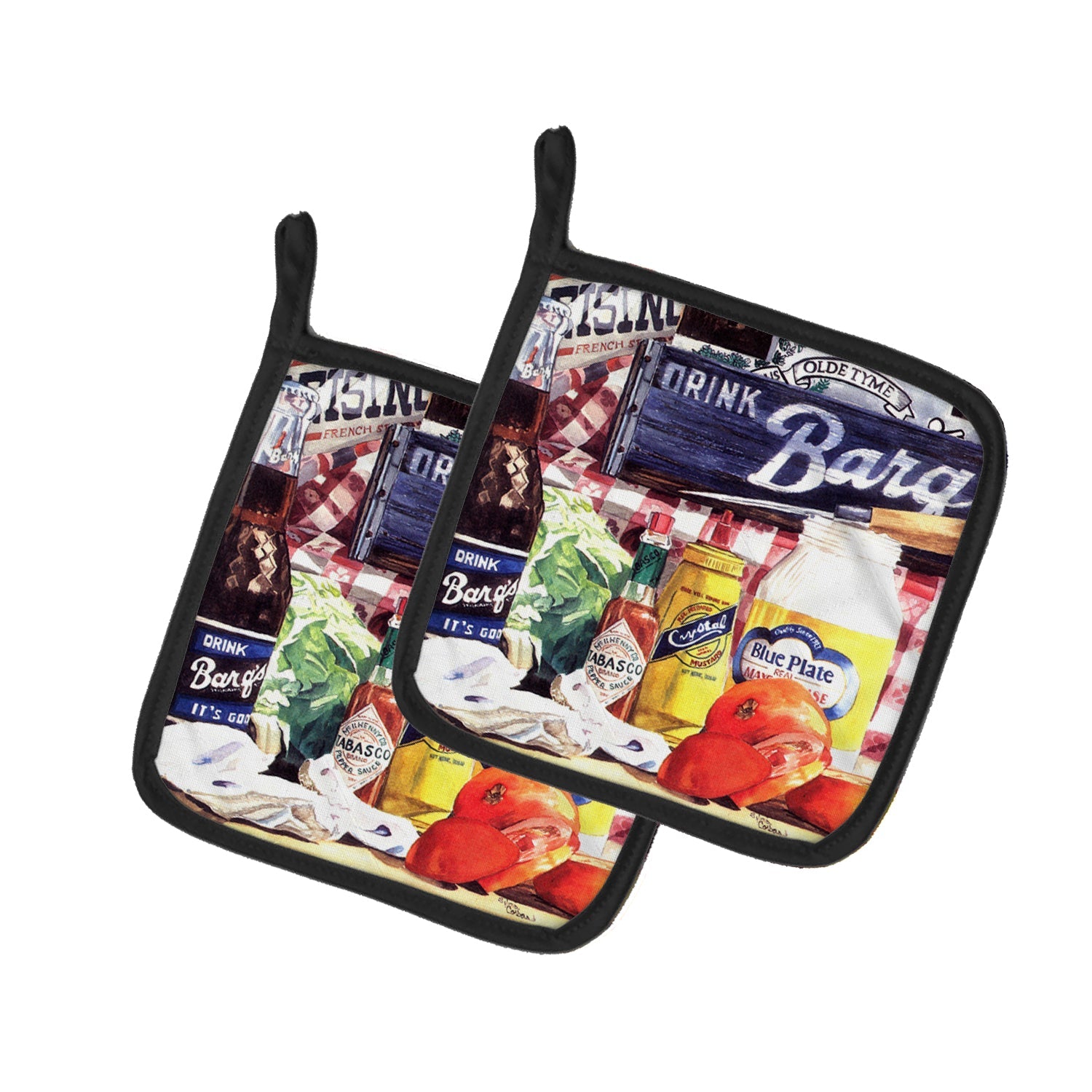 Blue Plate Mayonaise, Barq's and a tomato sandwich Pot Holder Set of 2 Heat Resistant Quilted Hot Pads 7.5 x 7.5 Inch, Insulated Kitchen Trivets for Cooking & Baking