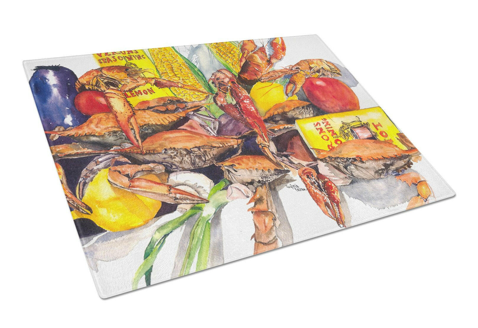 Veron's and Crabs Cutting Board Tempered Glass Kitchen Cutting Surface, Heat Resistant Chopping, Non-Slip Feet, Food Prep & Serving