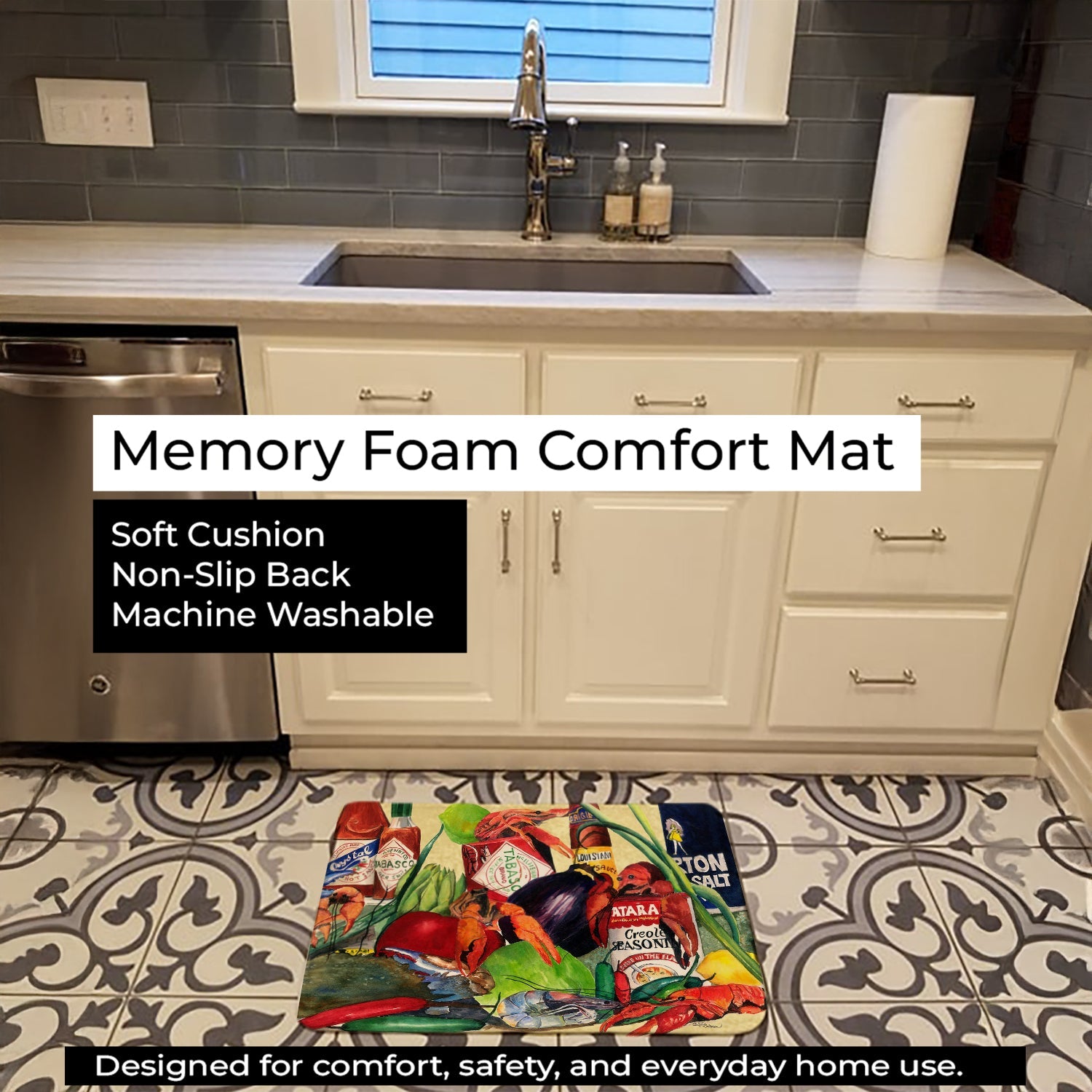 Spices and Crawfish Memory Foam Kitchen Mat Machine Washable Anti-Fatigue Cushion Comfort Bath or Kitchen Rug