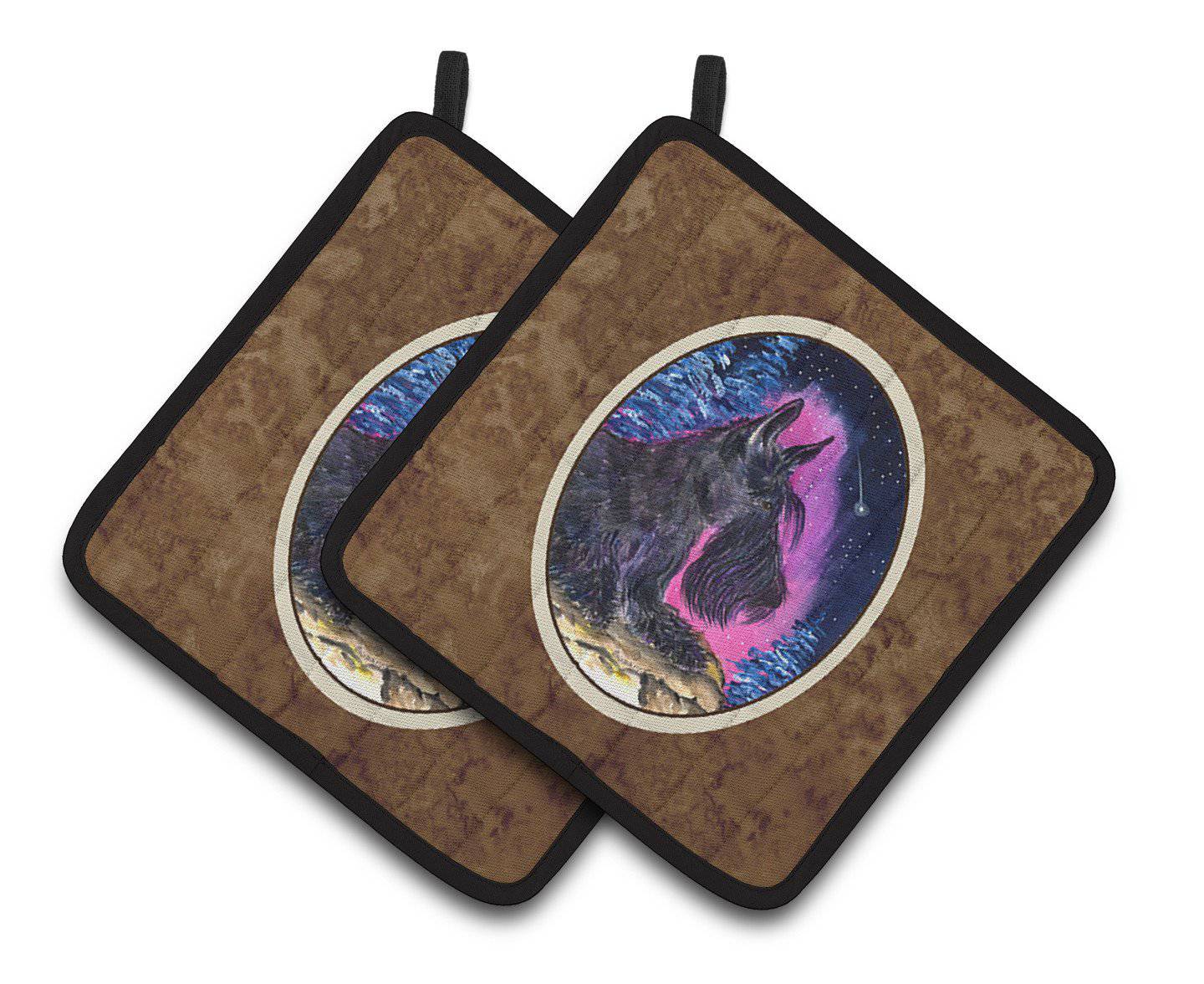 Starry Night Scottish Terrier Pot Holder Set of 2 Heat Resistant Quilted Hot Pads 7.5 x 7.5 Inch, Insulated Kitchen Trivets for Cooking & Baking