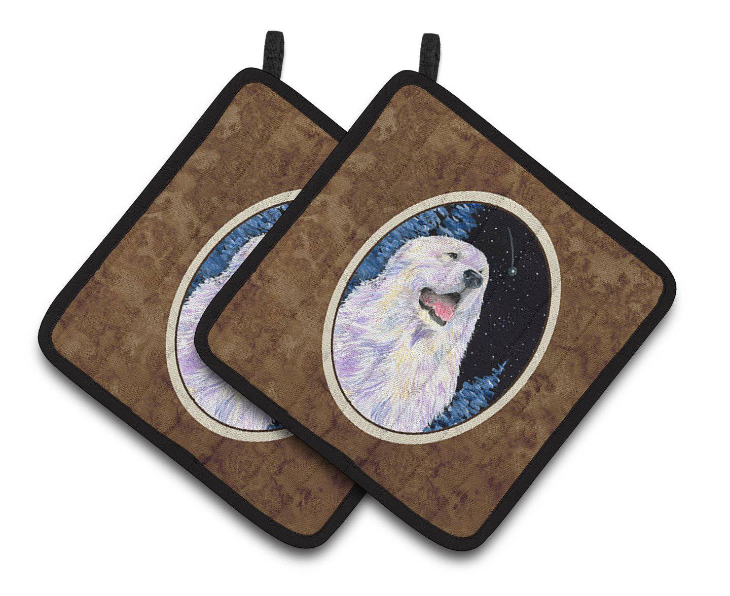 Starry Night Great Pyrenees Pot Holder Set of 2 Heat Resistant Quilted Hot Pads 7.5 x 7.5 Inch, Insulated Kitchen Trivets for Cooking & Baking