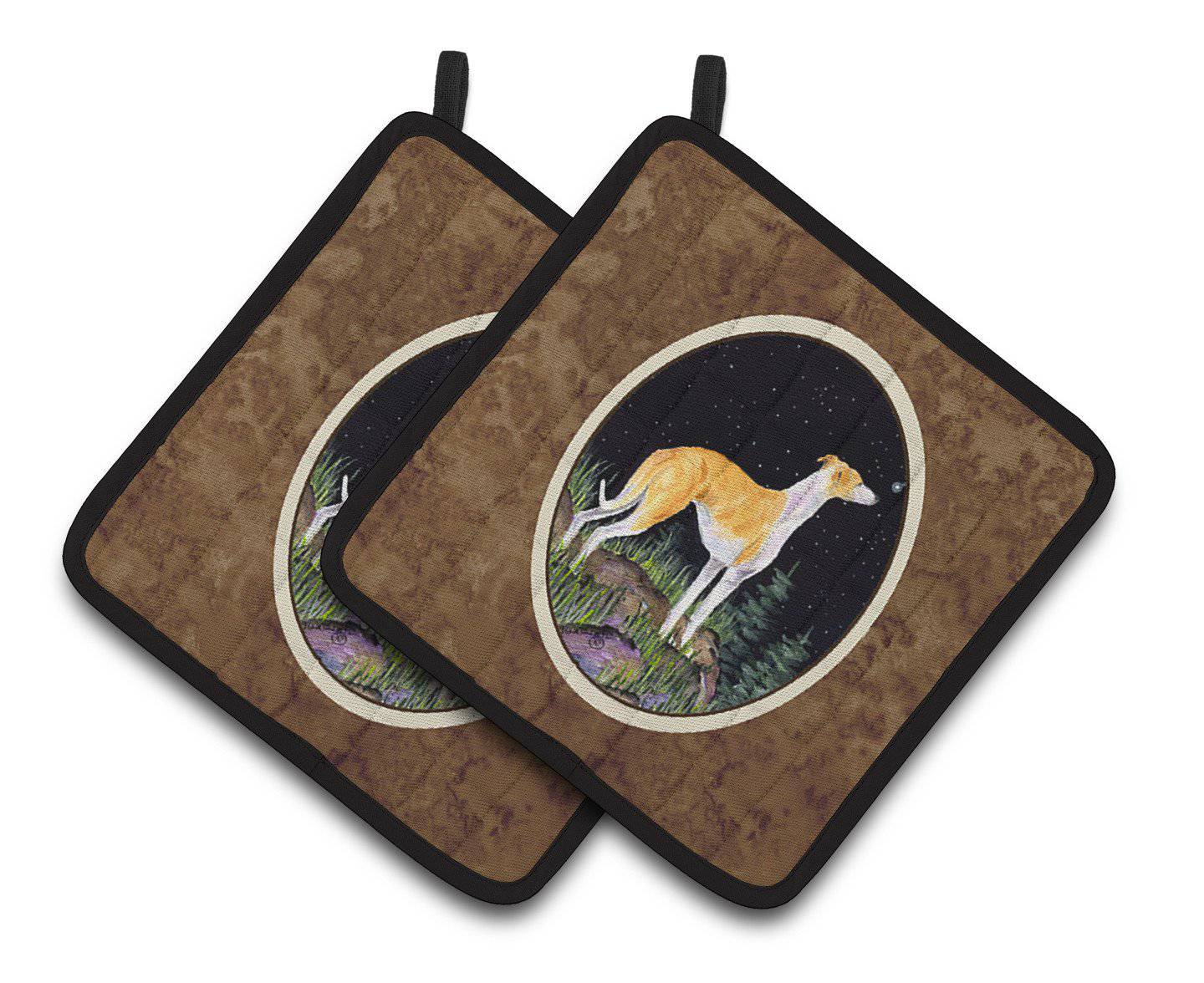 Starry Night Whippet Pot Holder Set of 2 Heat Resistant Quilted Hot Pads 7.5 x 7.5 Inch, Insulated Kitchen Trivets for Cooking & Baking