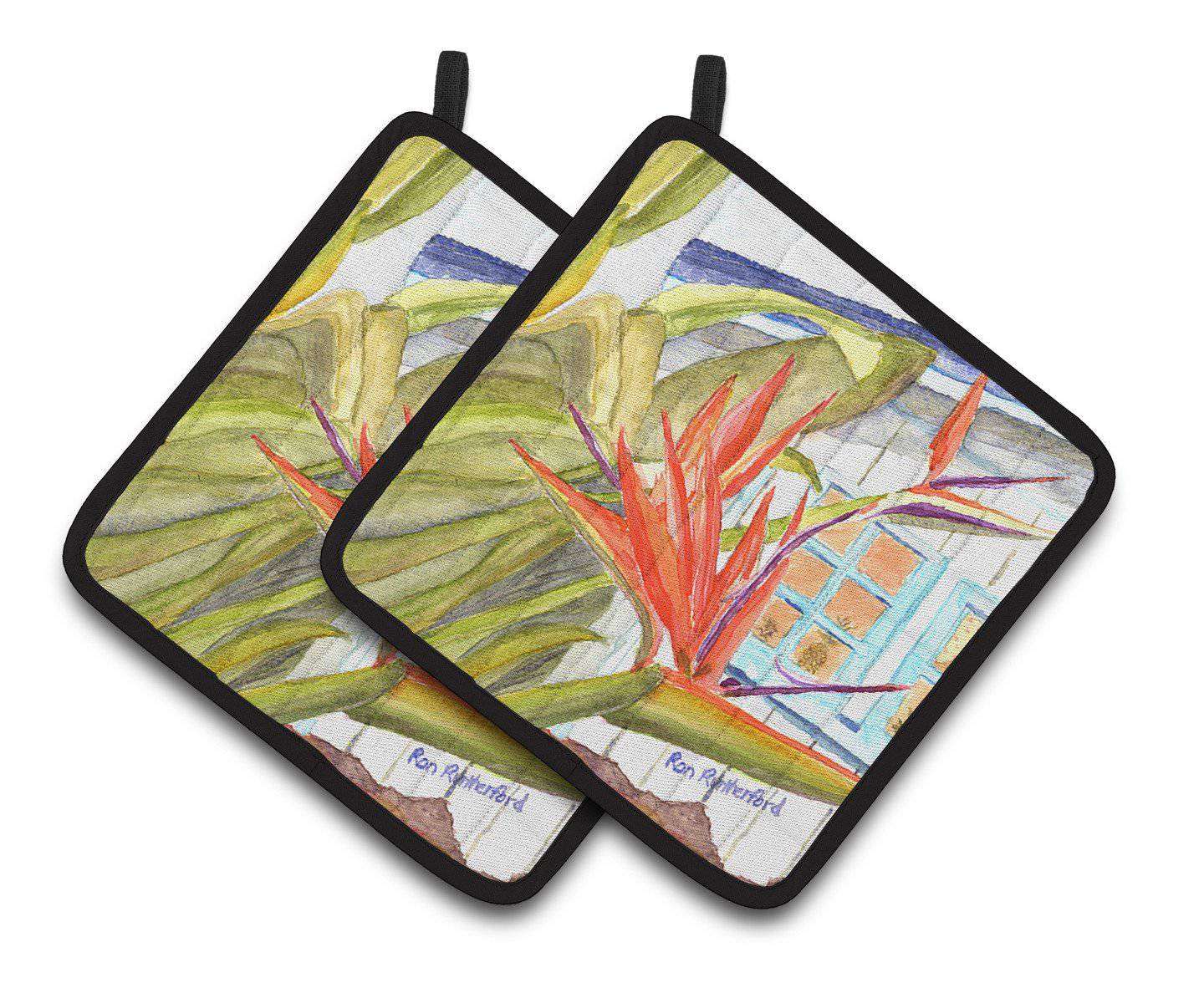 Flower - Bird of Paradise Pot Holder Set of 2 Heat Resistant Quilted Hot Pads 7.5 x 7.5 Inch, Insulated Kitchen Trivets for Cooking & Baking