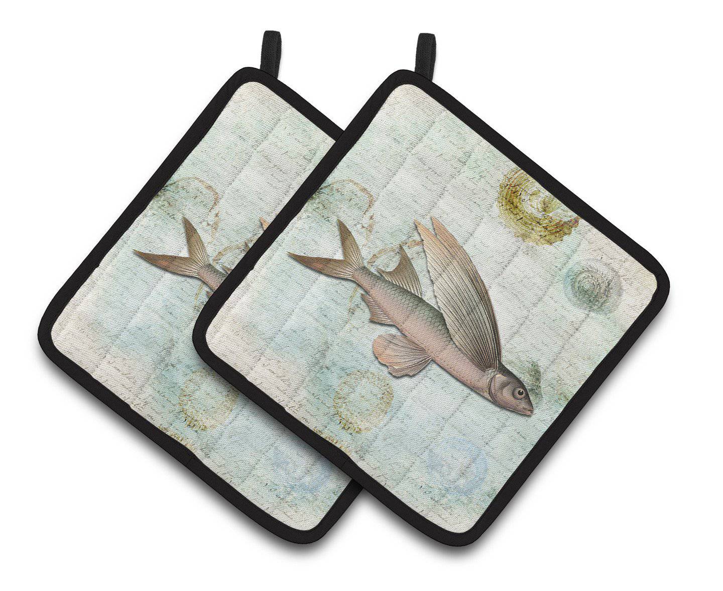 Beach Fly Fish Pot Holder Set of 2 Heat Resistant Quilted Hot Pads 7.5 x 7.5 Inch, Insulated Kitchen Trivets for Cooking & Baking