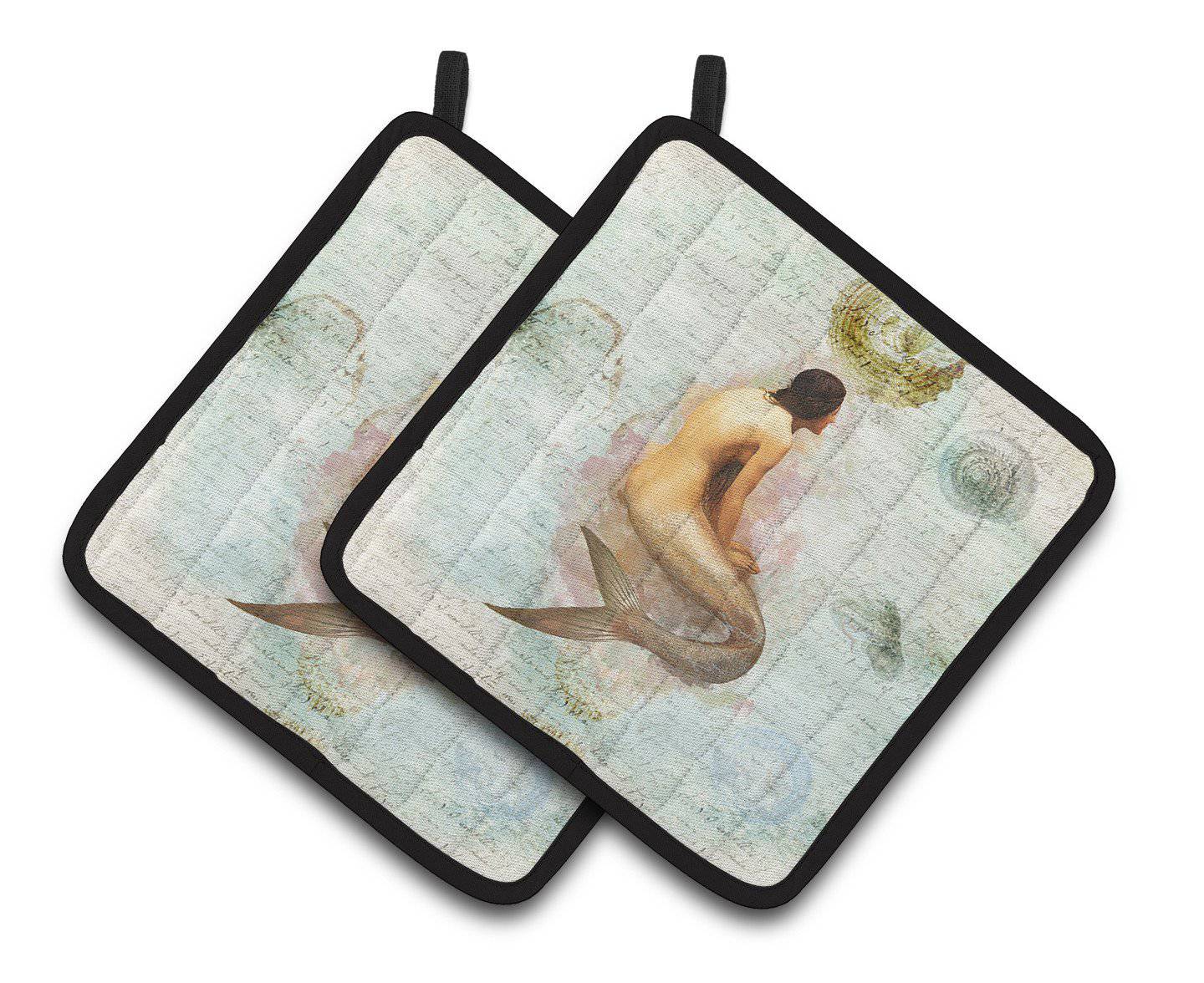 Beach Mermaid Pot Holder Set of 2 Heat Resistant Quilted Hot Pads 7.5 x 7.5 Inch, Insulated Kitchen Trivets for Cooking & Baking