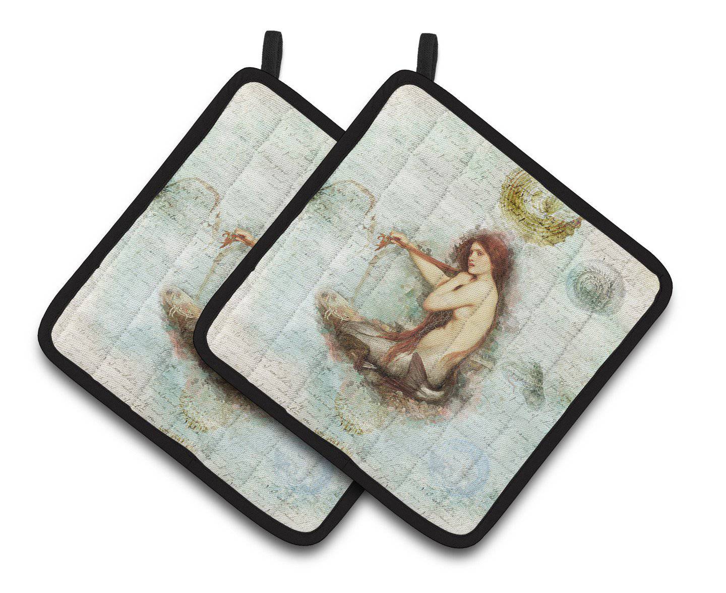 Beach Mermaid Sitting Pot Holder Set of 2 Heat Resistant Quilted Hot Pads 7.5 x 7.5 Inch, Insulated Kitchen Trivets for Cooking & Baking
