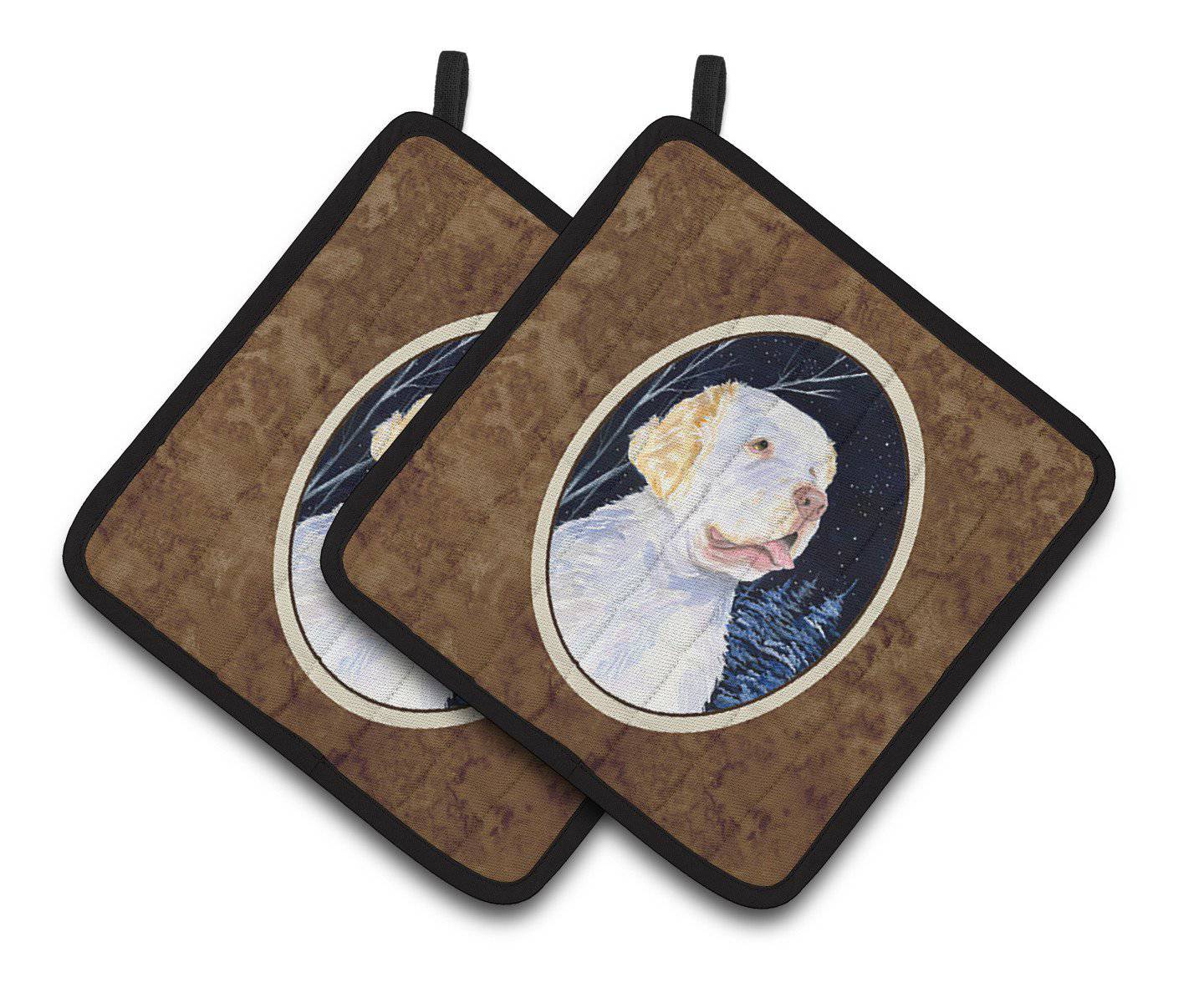 Starry Night Clumber Spaniel Pot Holder Set of 2 Heat Resistant Quilted Hot Pads 7.5 x 7.5 Inch, Insulated Kitchen Trivets for Cooking & Baking