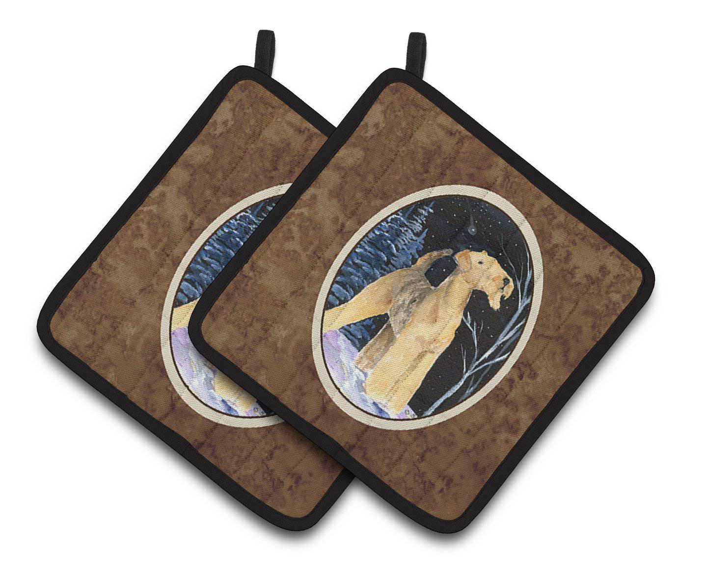 Starry Night Airedale Pot Holder Set of 2 Heat Resistant Quilted Hot Pads 7.5 x 7.5 Inch, Insulated Kitchen Trivets for Cooking & Baking