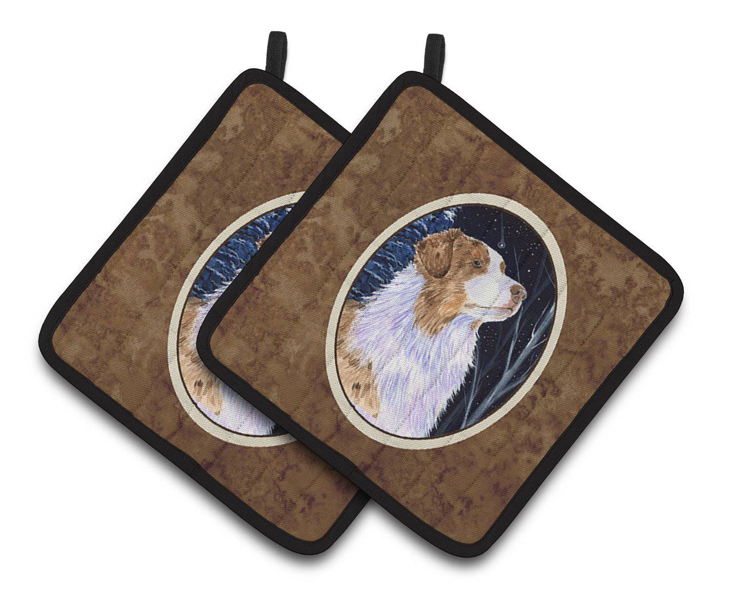 Starry Night Australian Shepherd Pot Holder Set of 2 Heat Resistant Quilted Hot Pads 7.5 x 7.5 Inch, Insulated Kitchen Trivets for Cooking & Baking