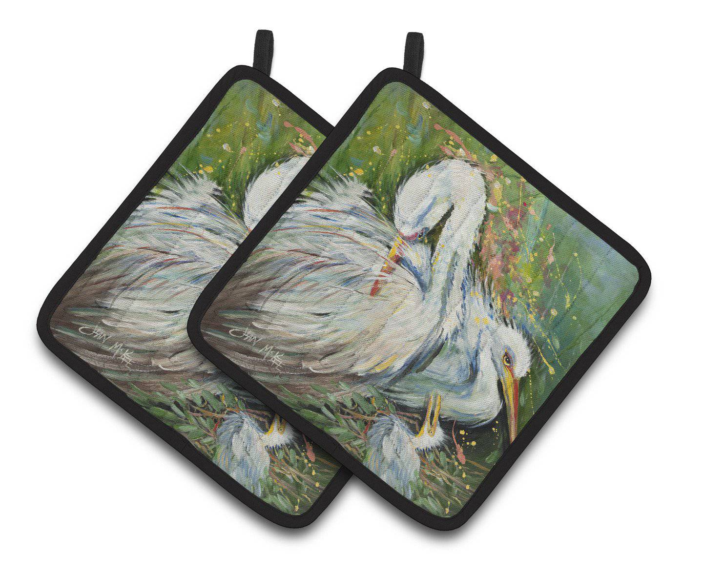 White Egret in the rain Pot Holder Set of 2 Heat Resistant Quilted Hot Pads 7.5 x 7.5 Inch, Insulated Kitchen Trivets for Cooking & Baking