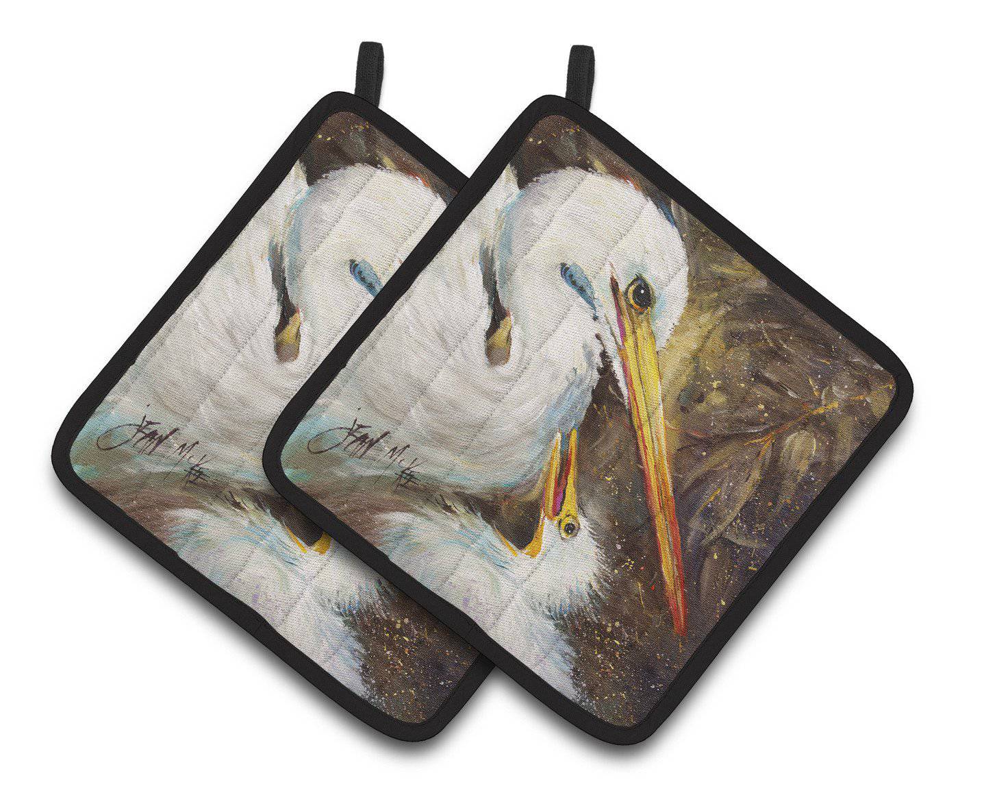 White Egret feeding baby Pot Holder Set of 2 Heat Resistant Quilted Hot Pads 7.5 x 7.5 Inch, Insulated Kitchen Trivets for Cooking & Baking
