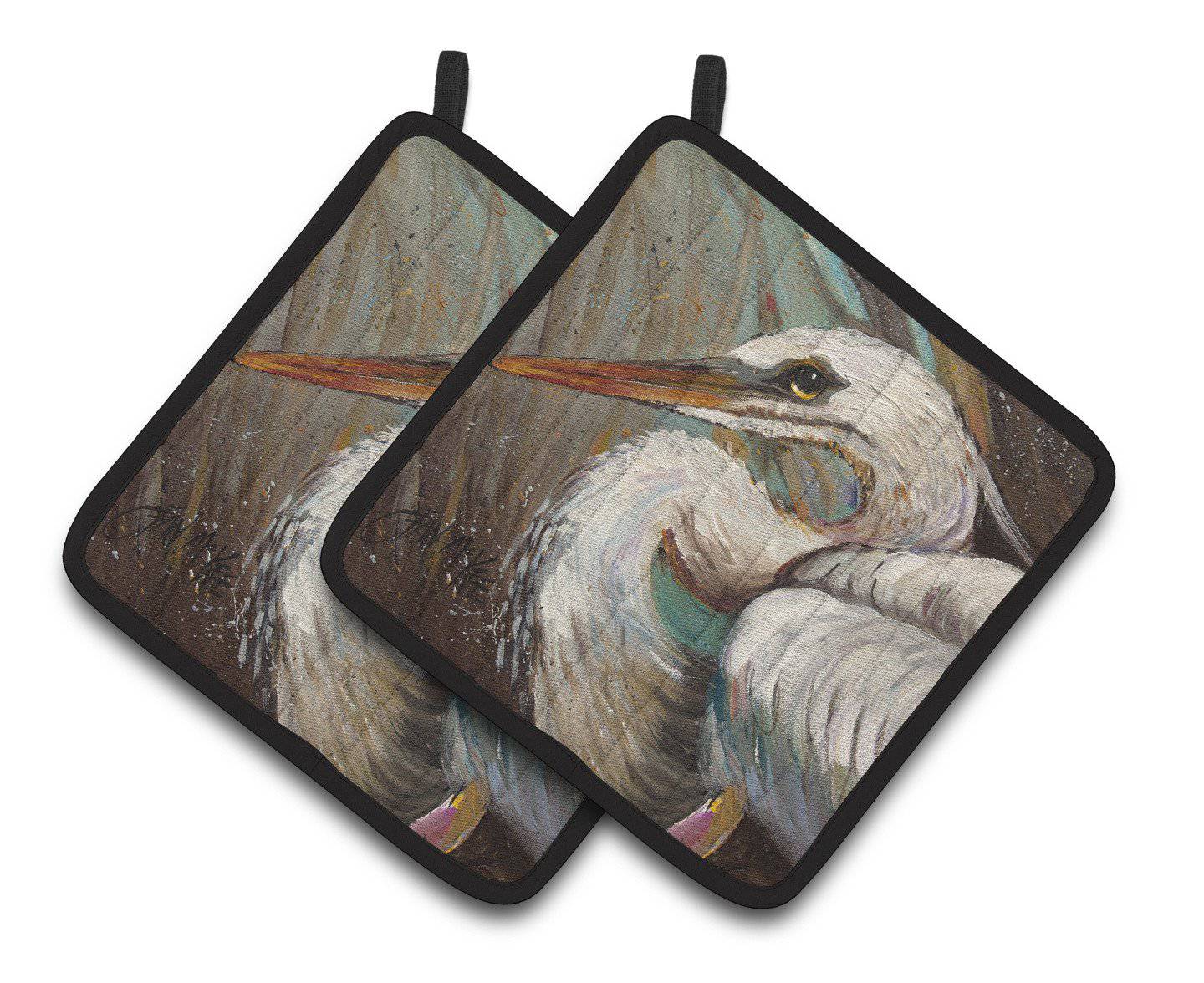 White Egret Pot Holder Set of 2 Heat Resistant Quilted Hot Pads 7.5 x 7.5 Inch, Insulated Kitchen Trivets for Cooking & Baking