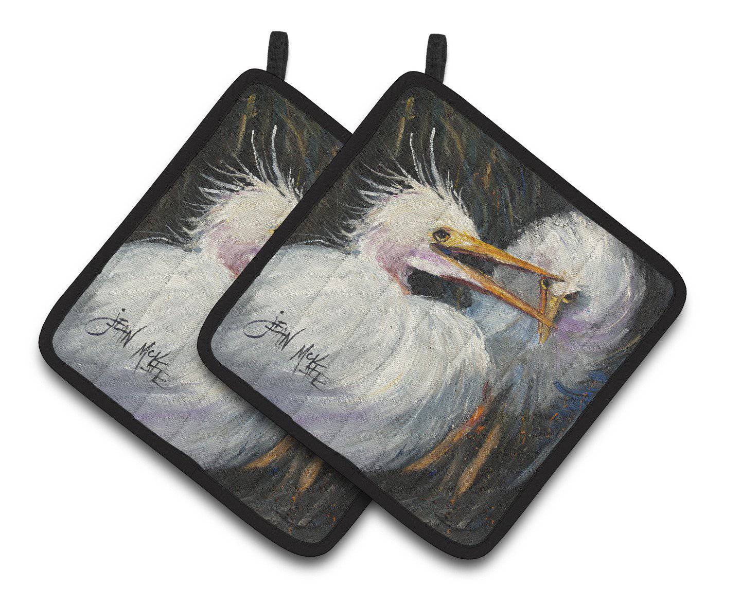 White Egret Pot Holder Set of 2 Heat Resistant Quilted Hot Pads 7.5 x 7.5 Inch, Insulated Kitchen Trivets for Cooking & Baking