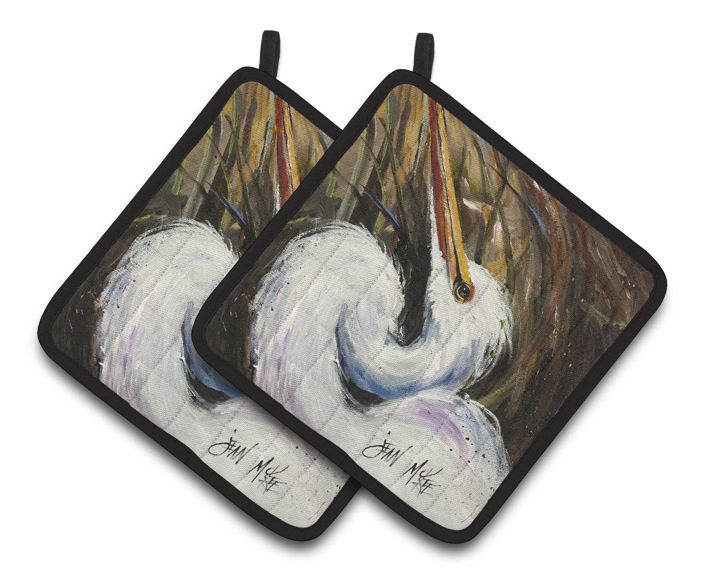 White Egret Pot Holder Set of 2 Heat Resistant Quilted Hot Pads 7.5 x 7.5 Inch, Insulated Kitchen Trivets for Cooking & Baking