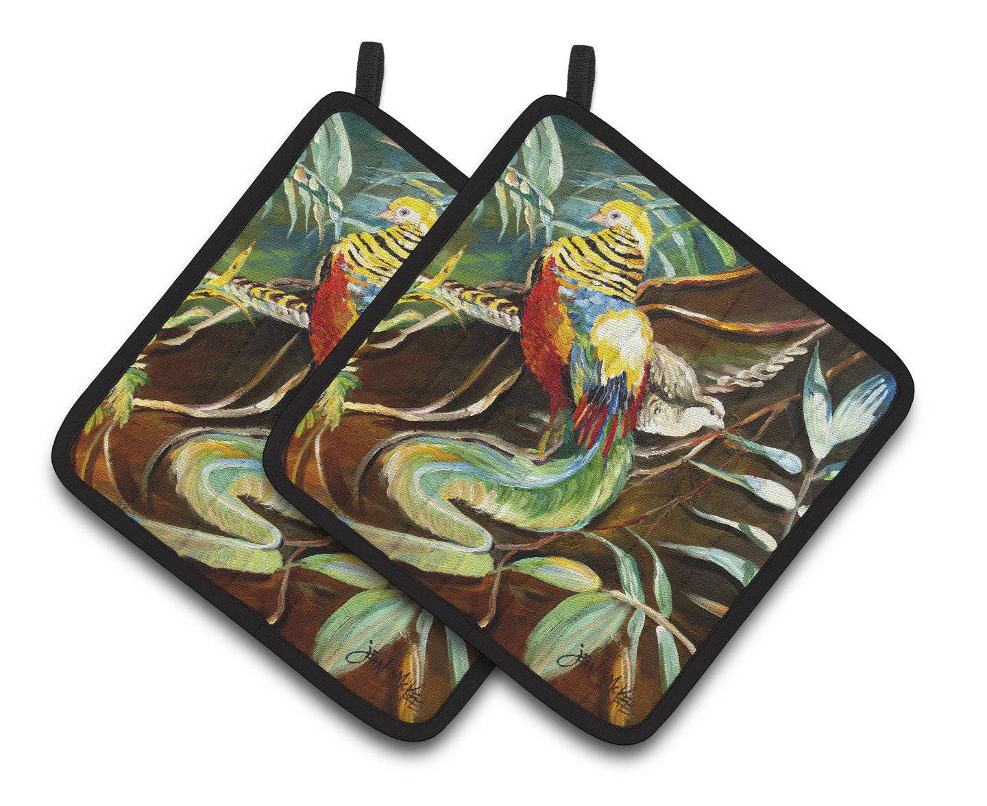 Mandarin Pheasant Pot Holder Set of 2 Heat Resistant Quilted Hot Pads 7.5 x 7.5 Inch, Insulated Kitchen Trivets for Cooking & Baking