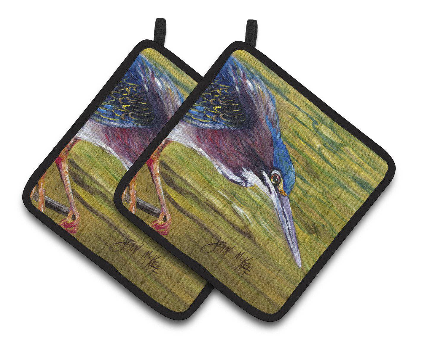 Green Heron Pot Holder Set of 2 Heat Resistant Quilted Hot Pads 7.5 x 7.5 Inch, Insulated Kitchen Trivets for Cooking & Baking
