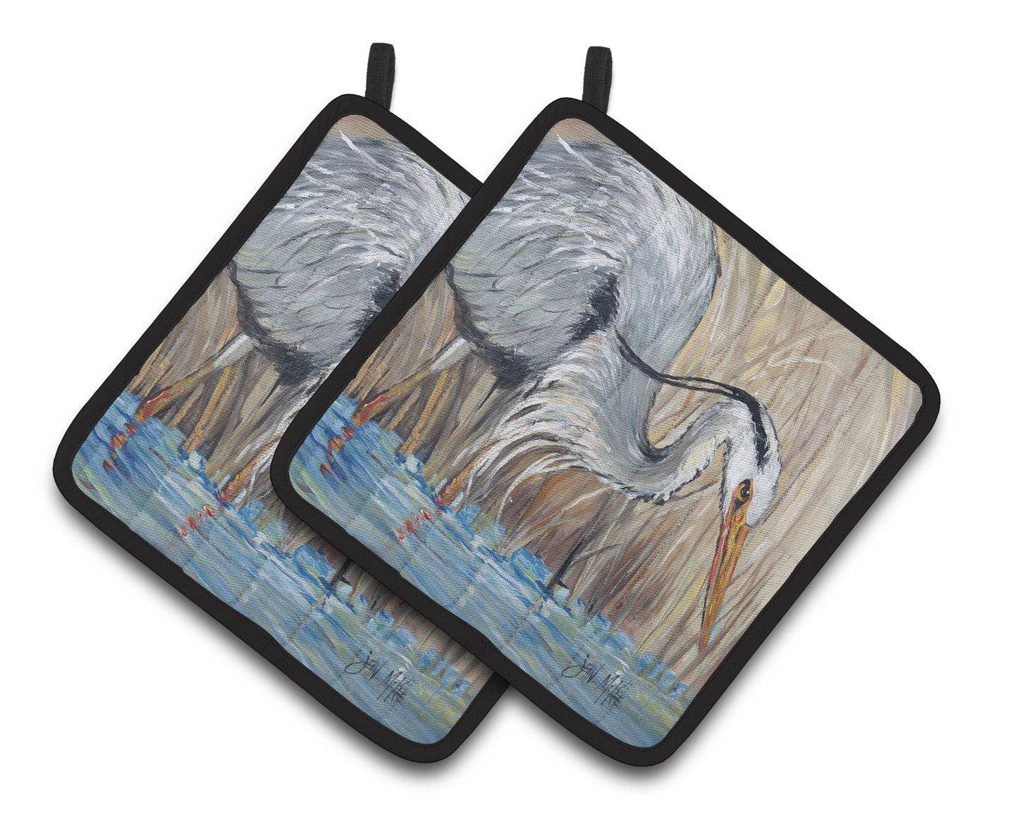 Blue Heron Pot Holder Set of 2 Heat Resistant Quilted Hot Pads 7.5 x 7.5 Inch, Insulated Kitchen Trivets for Cooking & Baking
