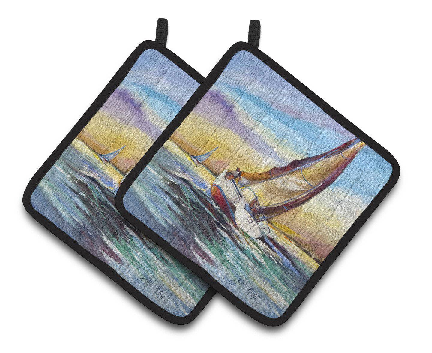 Horn Island Boat Race Sailboats Pot Holder Set of 2 Heat Resistant Quilted Hot Pads 7.5 x 7.5 Inch, Insulated Kitchen Trivets for Cooking & Baking