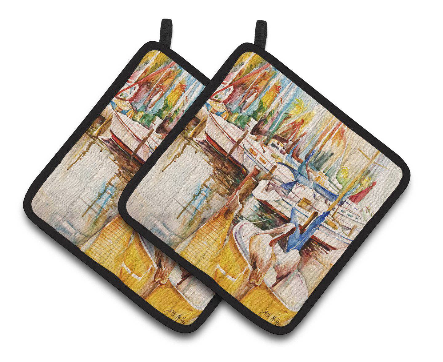 Pelicans and Sailboats Pot Holder Set of 2 Heat Resistant Quilted Hot Pads 7.5 x 7.5 Inch, Insulated Kitchen Trivets for Cooking & Baking