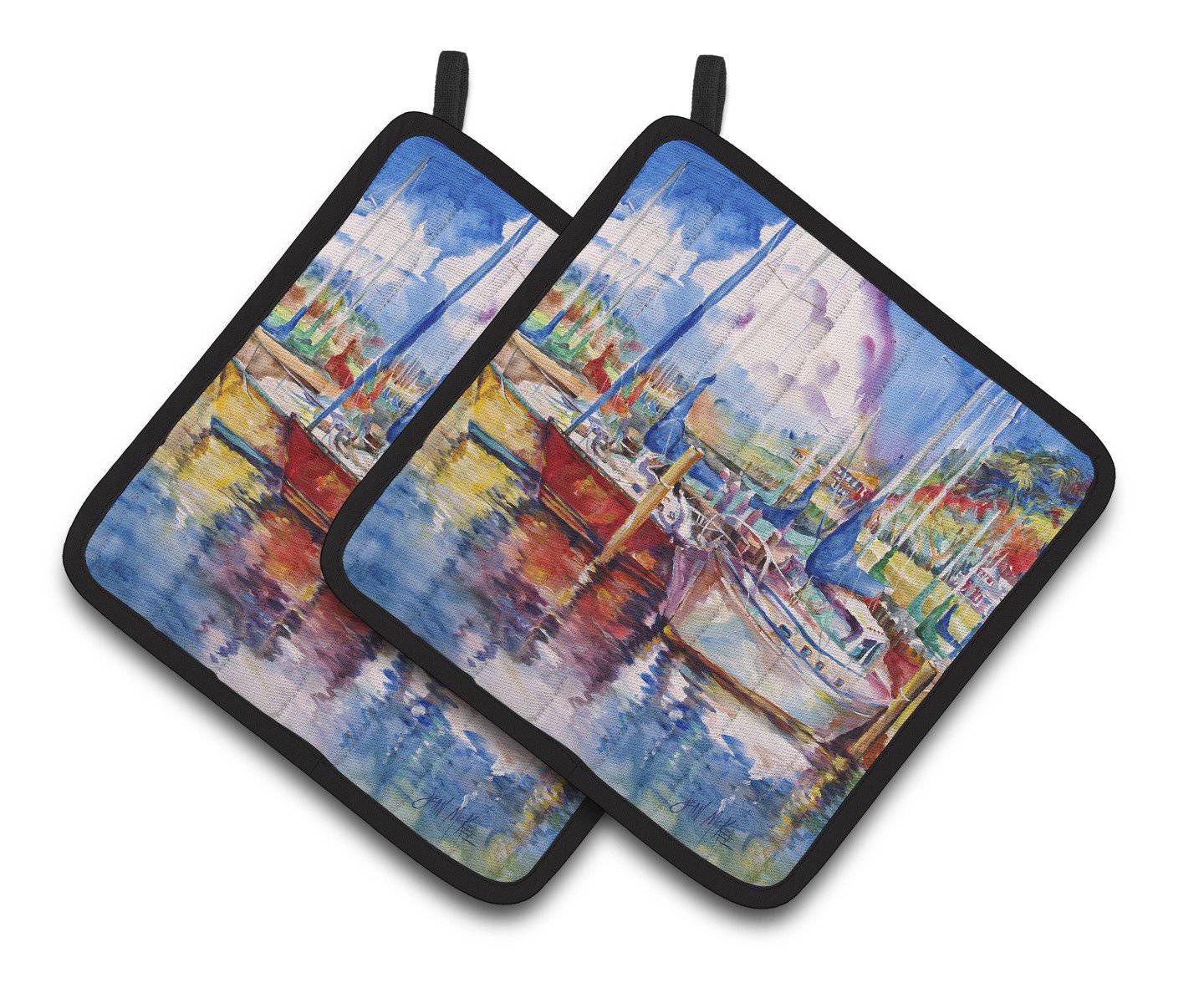 Tree Boats Sailboats Pot Holder Set of 2 Heat Resistant Quilted Hot Pads 7.5 x 7.5 Inch, Insulated Kitchen Trivets for Cooking & Baking