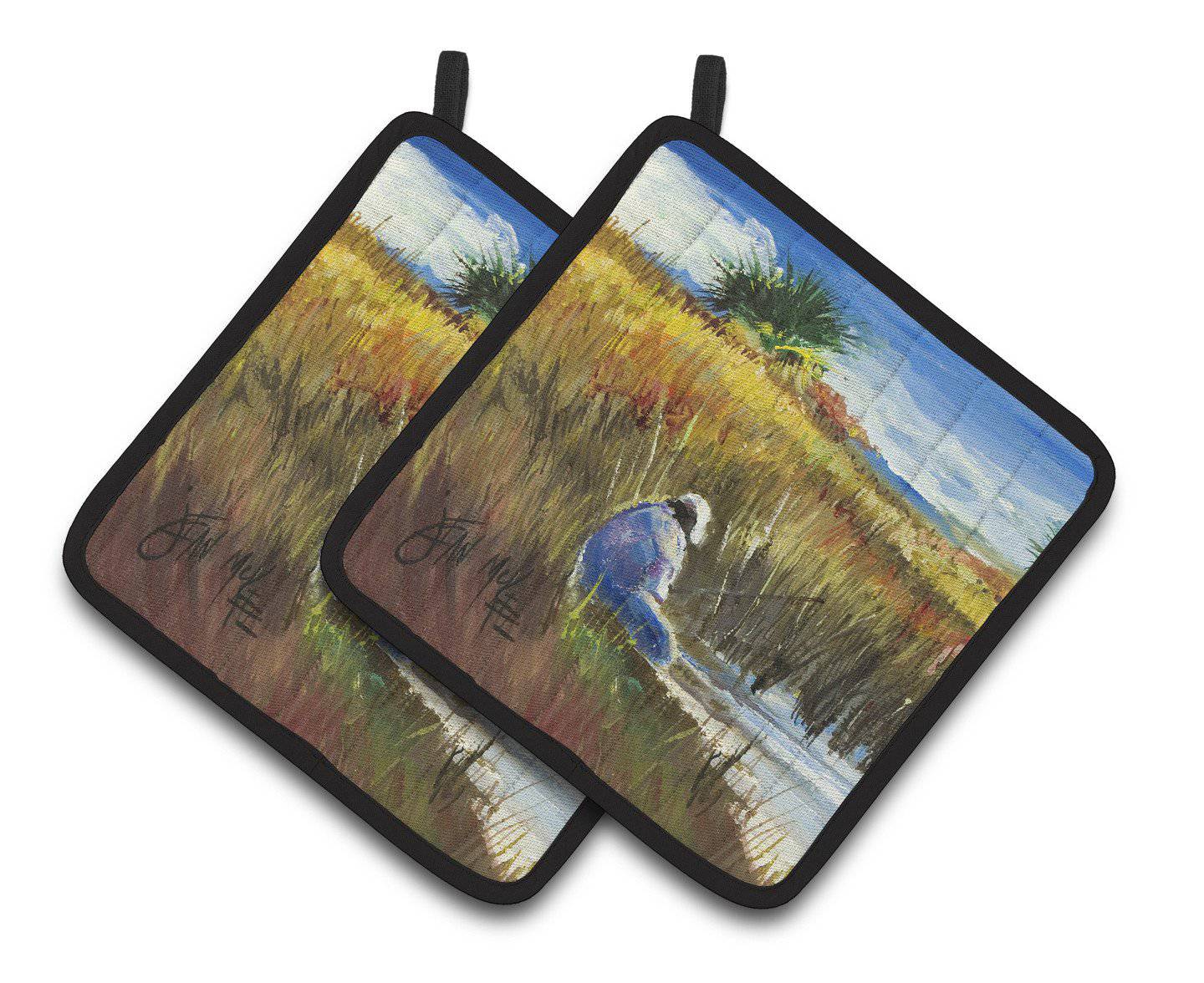 Fishing on the bank Pot Holder Set of 2 Heat Resistant Quilted Hot Pads 7.5 x 7.5 Inch, Insulated Kitchen Trivets for Cooking & Baking